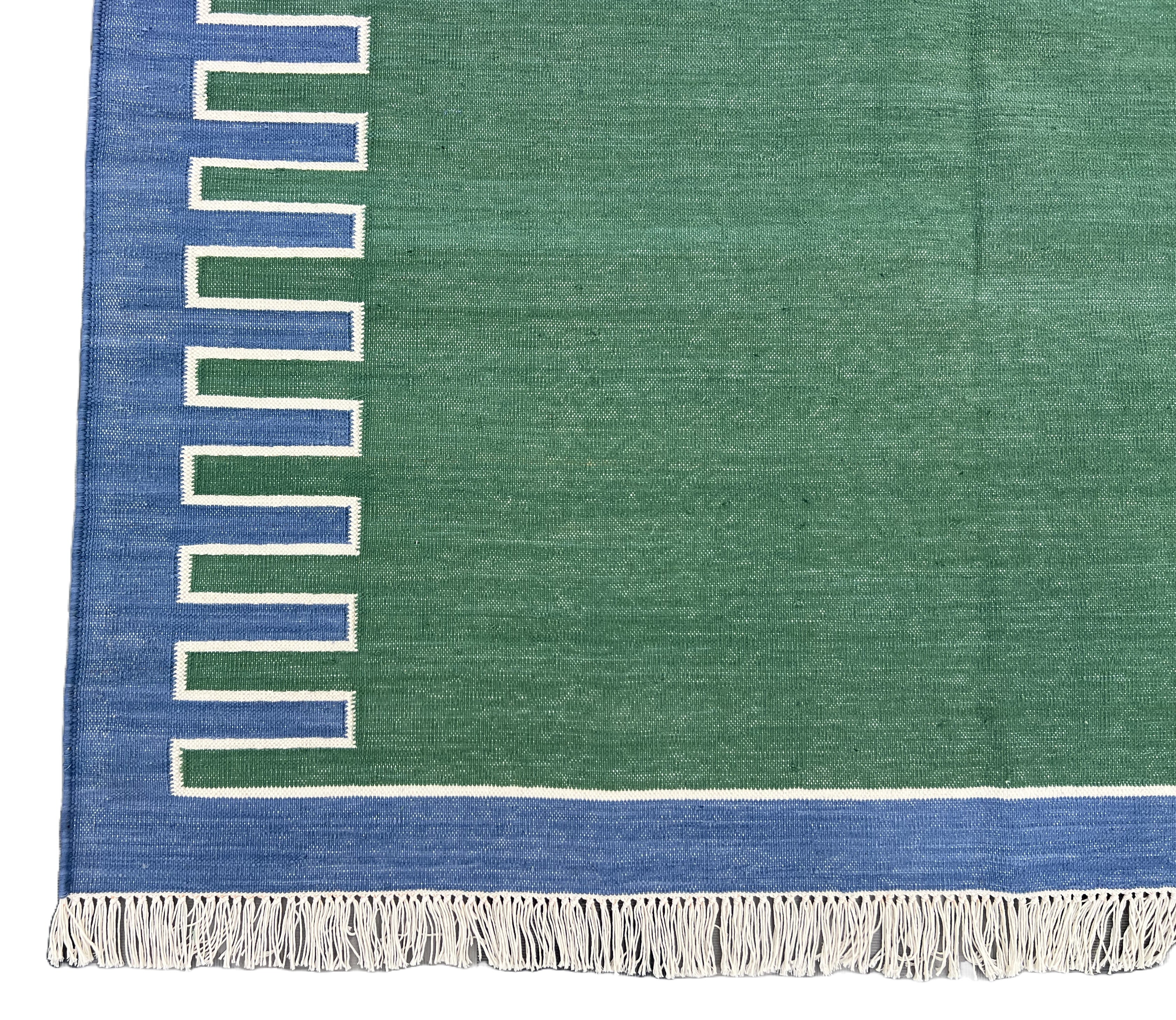Modern Handmade Cotton Forest Green, Cream And Blue Zig Zag Striped Area Rug-6852
