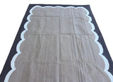 Modern Handmade Cotton Beige, Cream and Coffee Brown Scalloped Rug-6796
