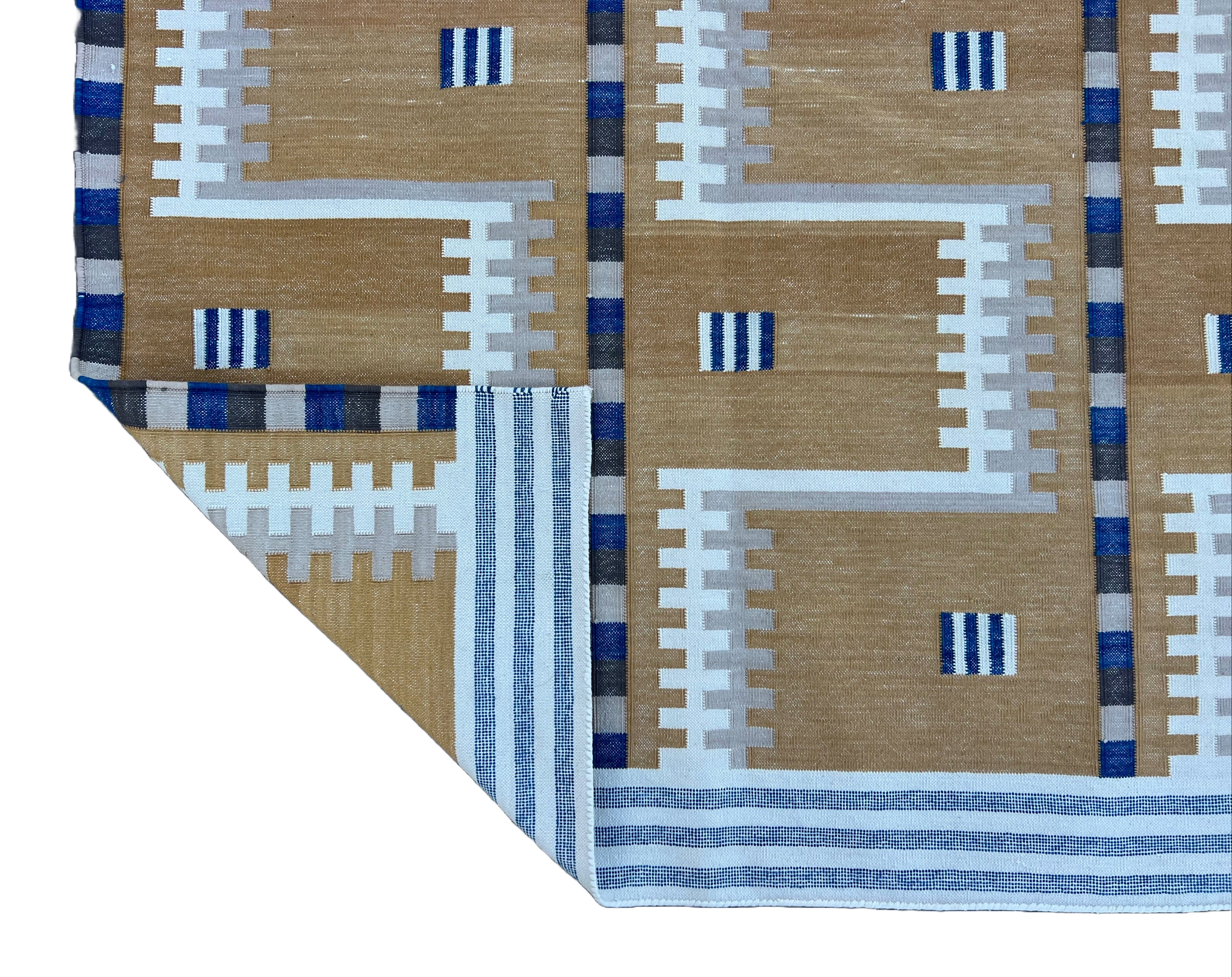 Modern Handmade Cotton Flat Weave Mustard And Blue Geometric Rug-6537