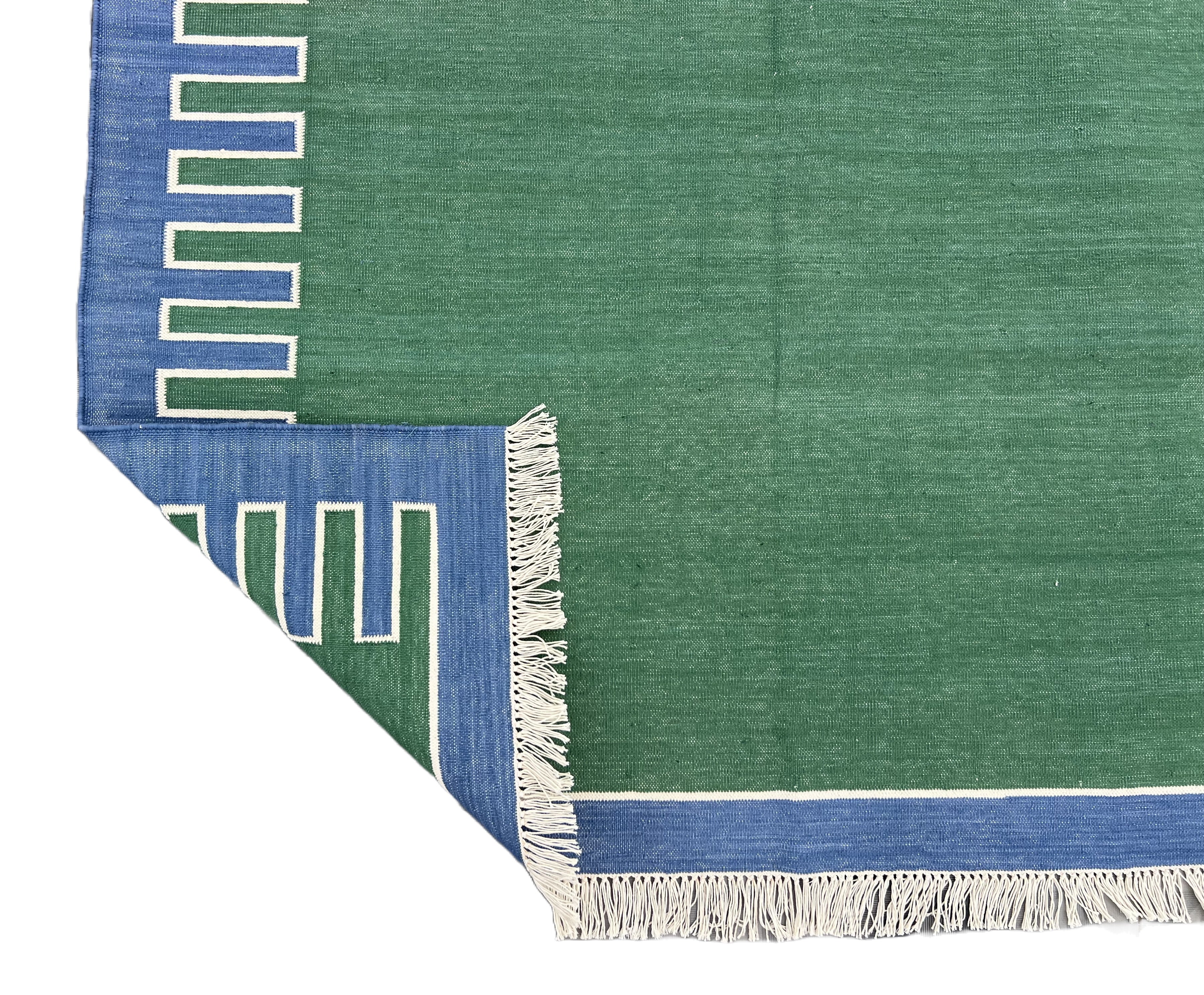 Modern Handmade Cotton Forest Green, Cream And Blue Zig Zag Striped Area Rug-6852