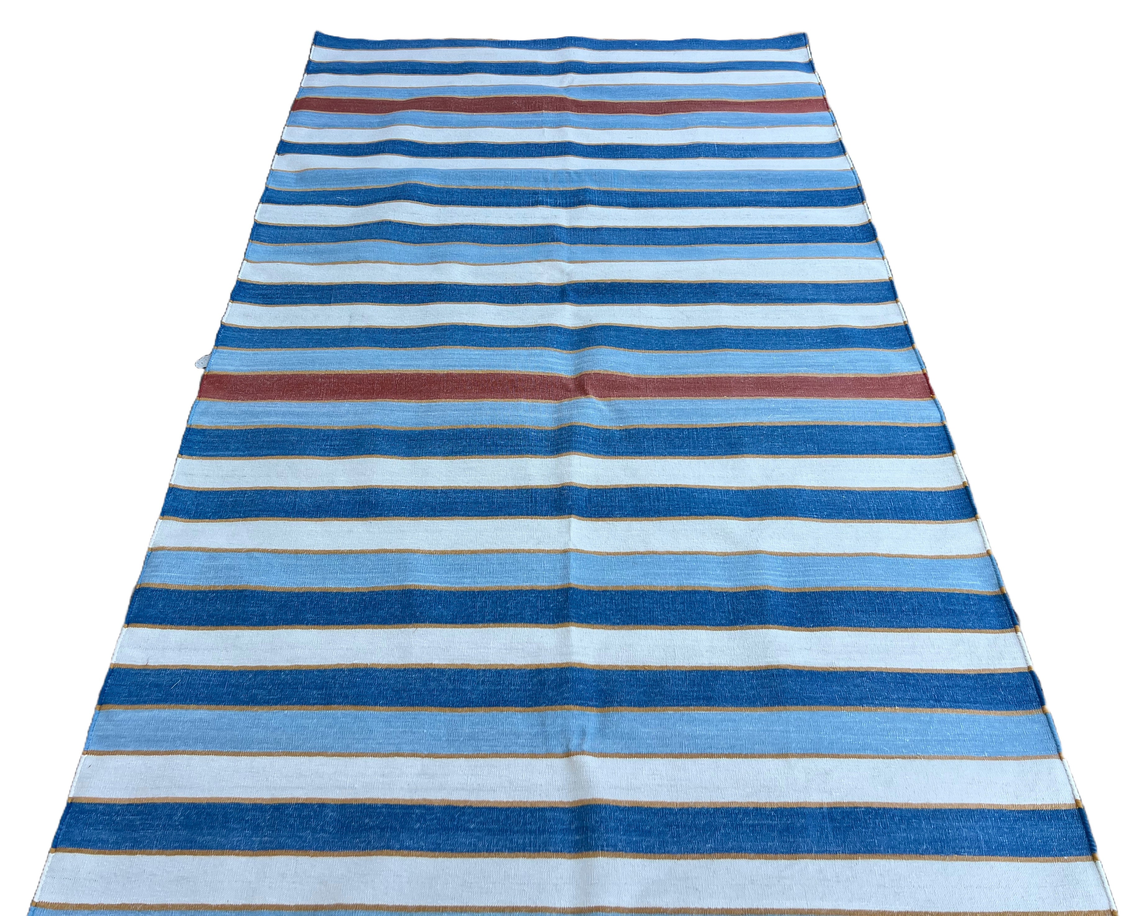 Modern Handmade Cotton Sky Blue, Red And White Striped Dhurrie Runner-6793