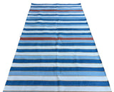 Modern Handmade Cotton Sky Blue, Red And White Striped Dhurrie Runner-6793