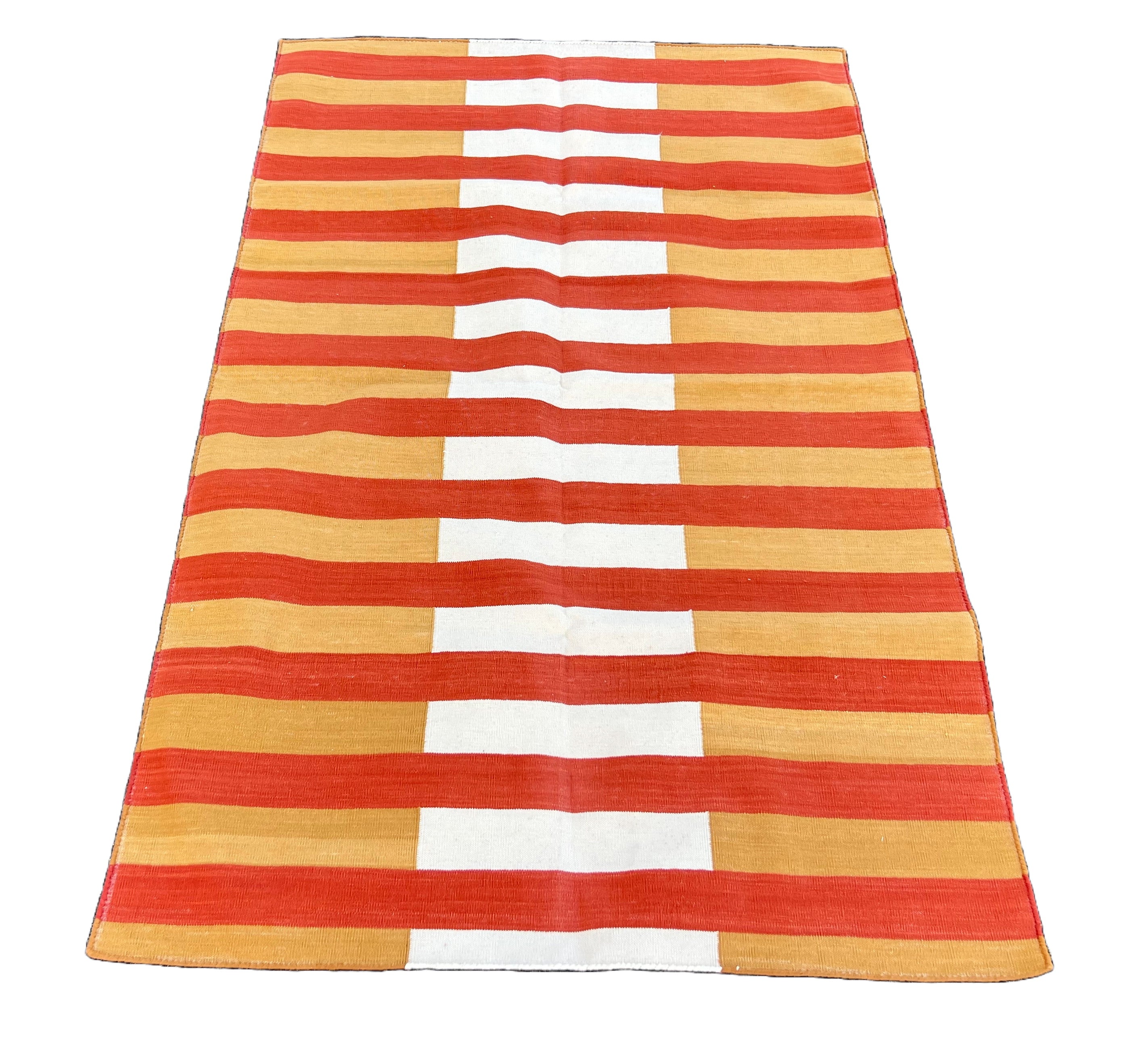 Modern Handmade Cotton Mustard, Cream And Terracotta Striped Area Rug-6755