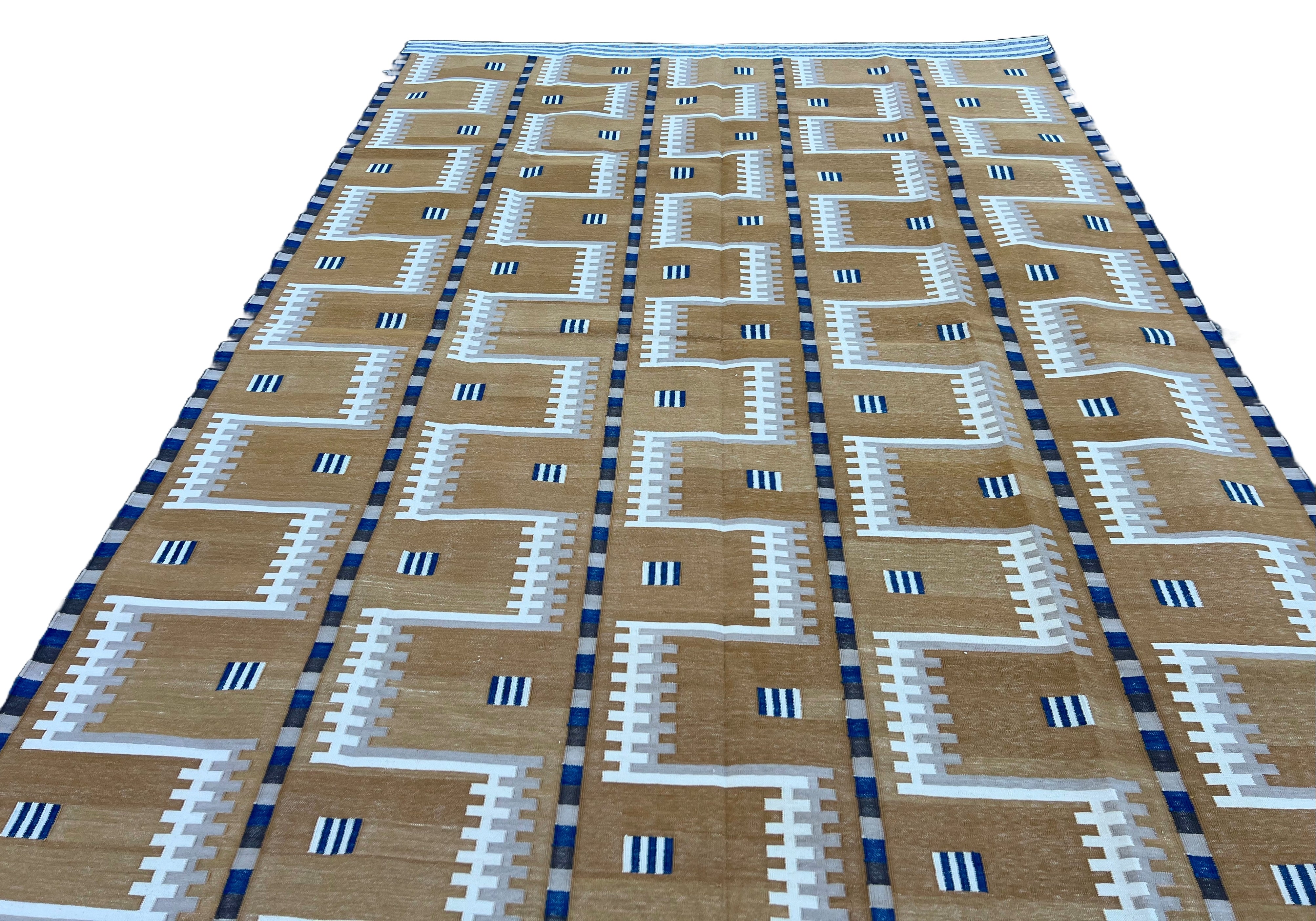Modern Handmade Cotton Flat Weave Mustard And Blue Geometric Rug-6537