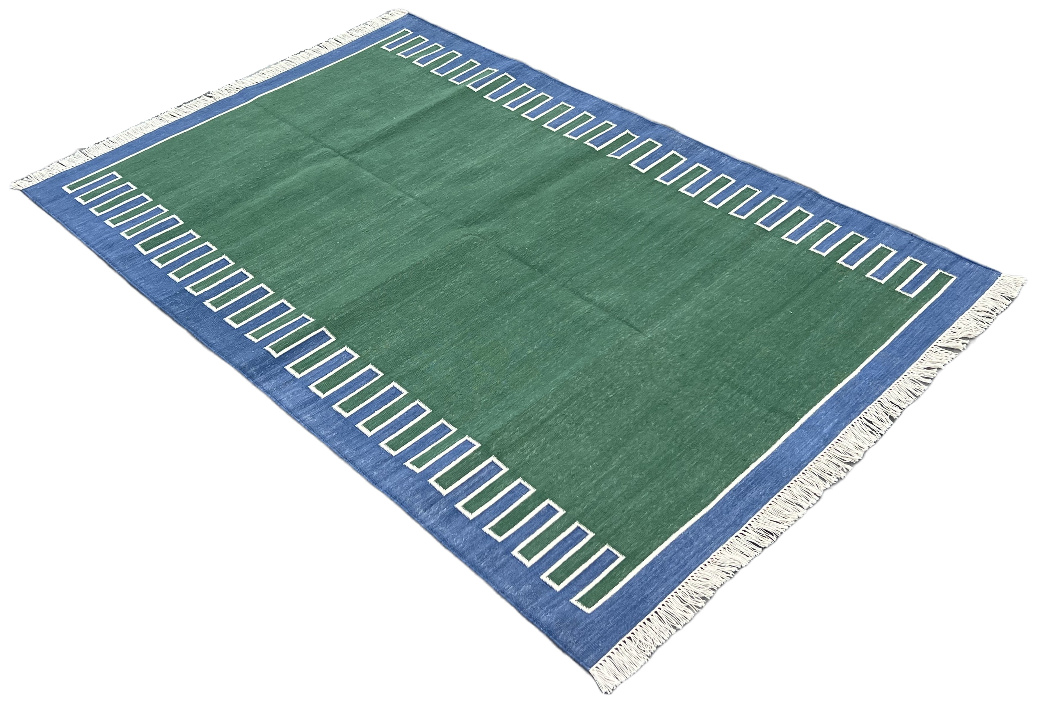 Modern Handmade Cotton Forest Green, Cream And Blue Zig Zag Striped Area Rug-6852