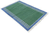Modern Handmade Cotton Forest Green, Cream And Blue Zig Zag Striped Area Rug-6852