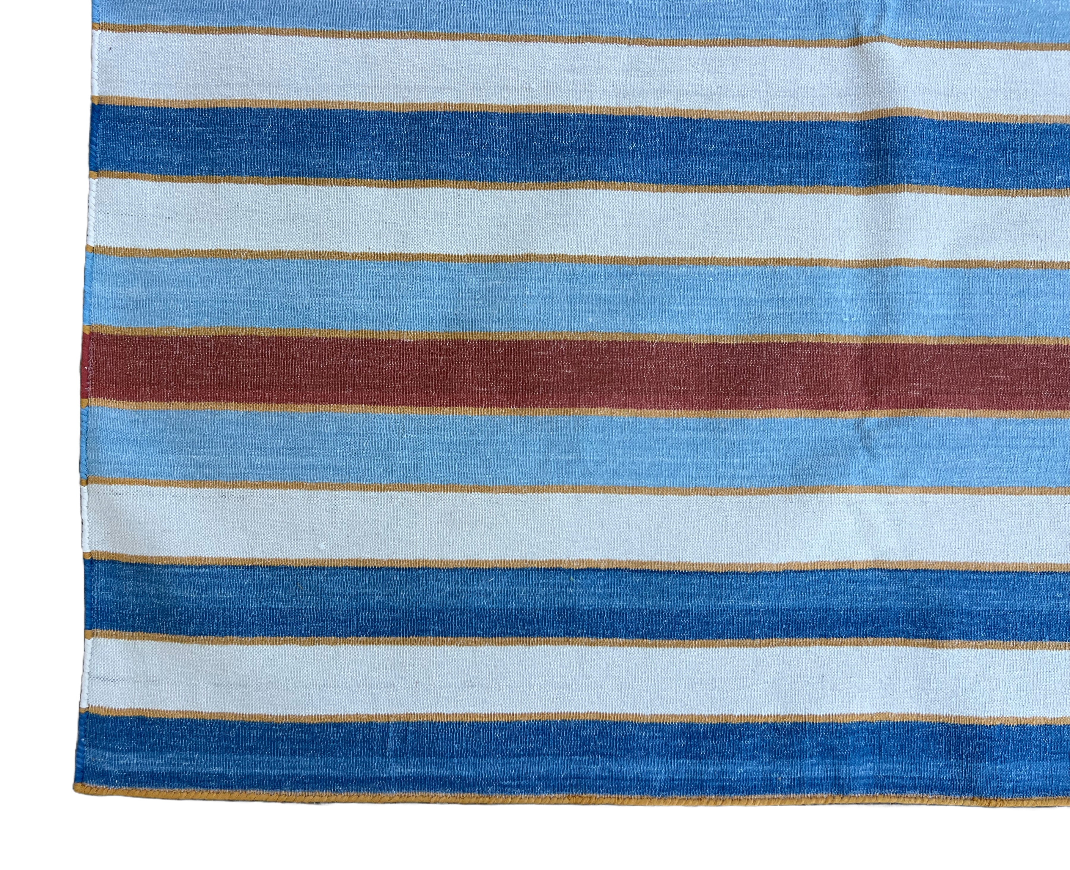 Modern Handmade Cotton Sky Blue, Red And White Striped Dhurrie Runner-6793