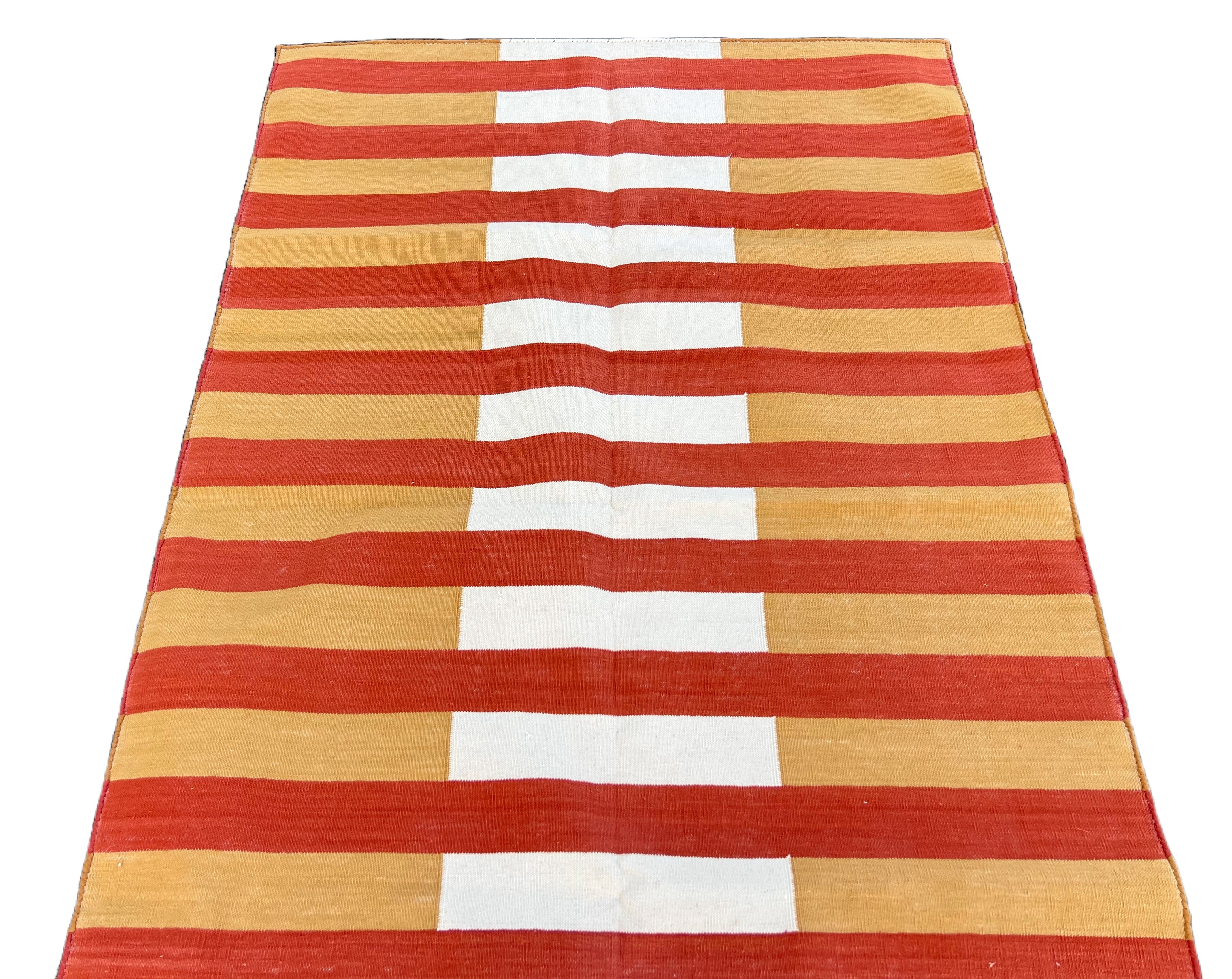 Modern Handmade Cotton Mustard, Cream And Terracotta Striped Area Rug-6755