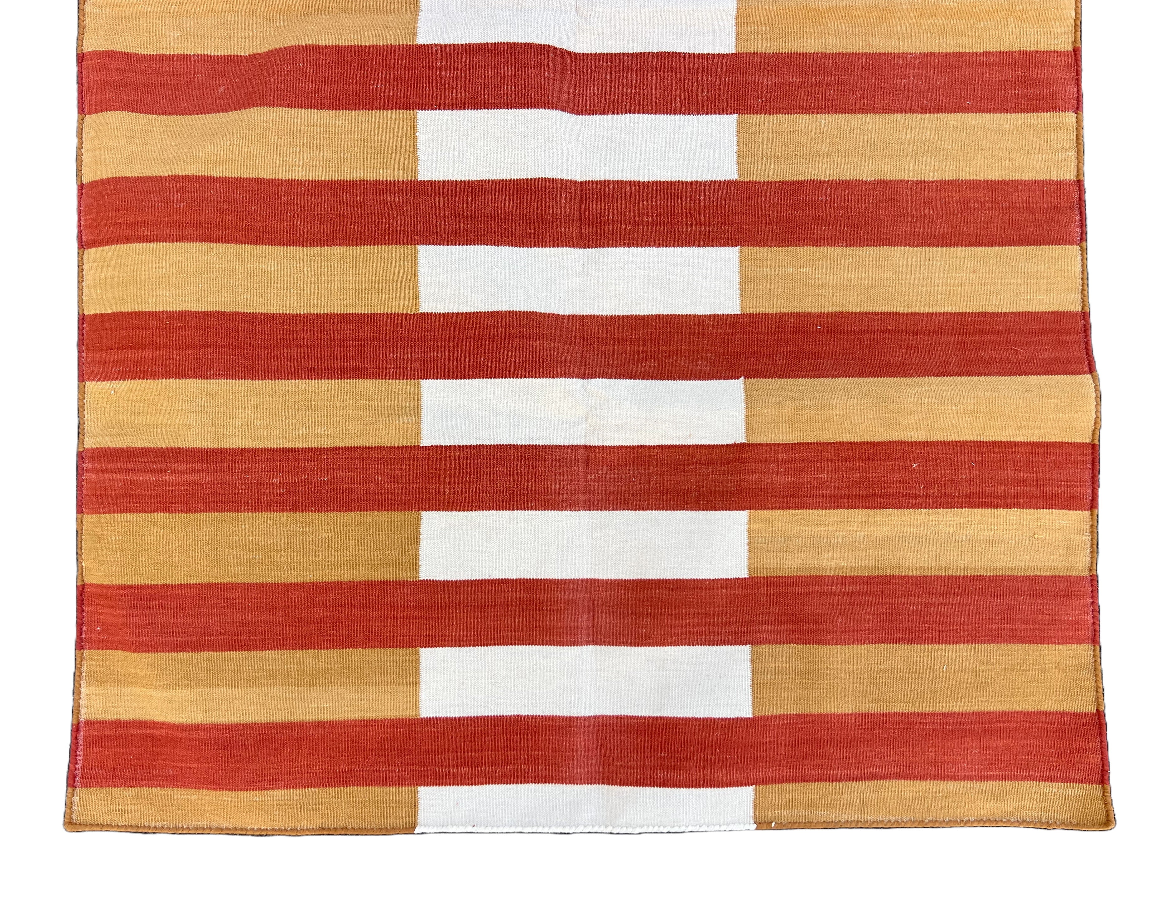 Modern Handmade Cotton Mustard, Cream And Terracotta Striped Area Rug-6755