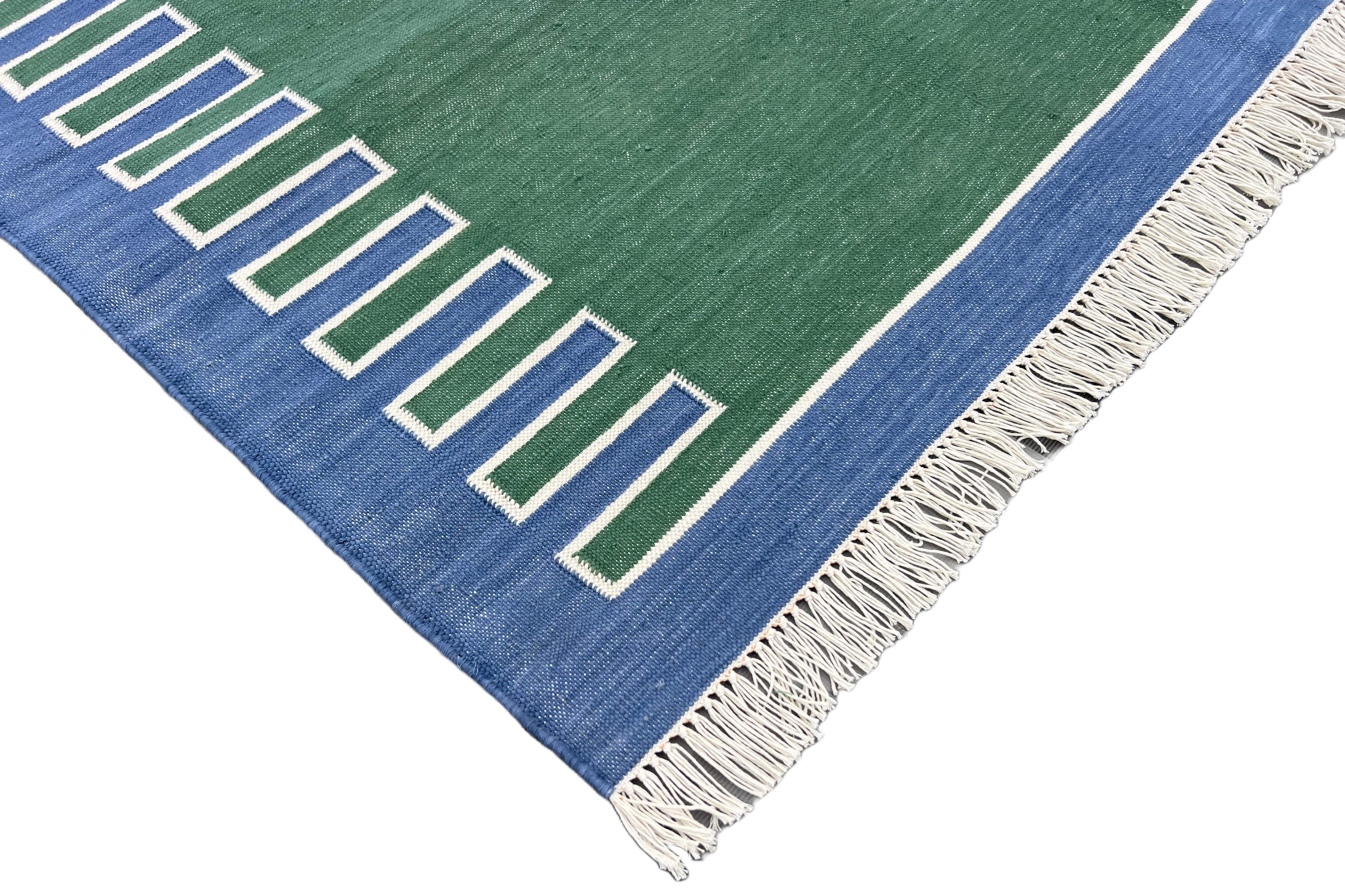 Modern Handmade Cotton Forest Green, Cream And Blue Zig Zag Striped Area Rug-6852