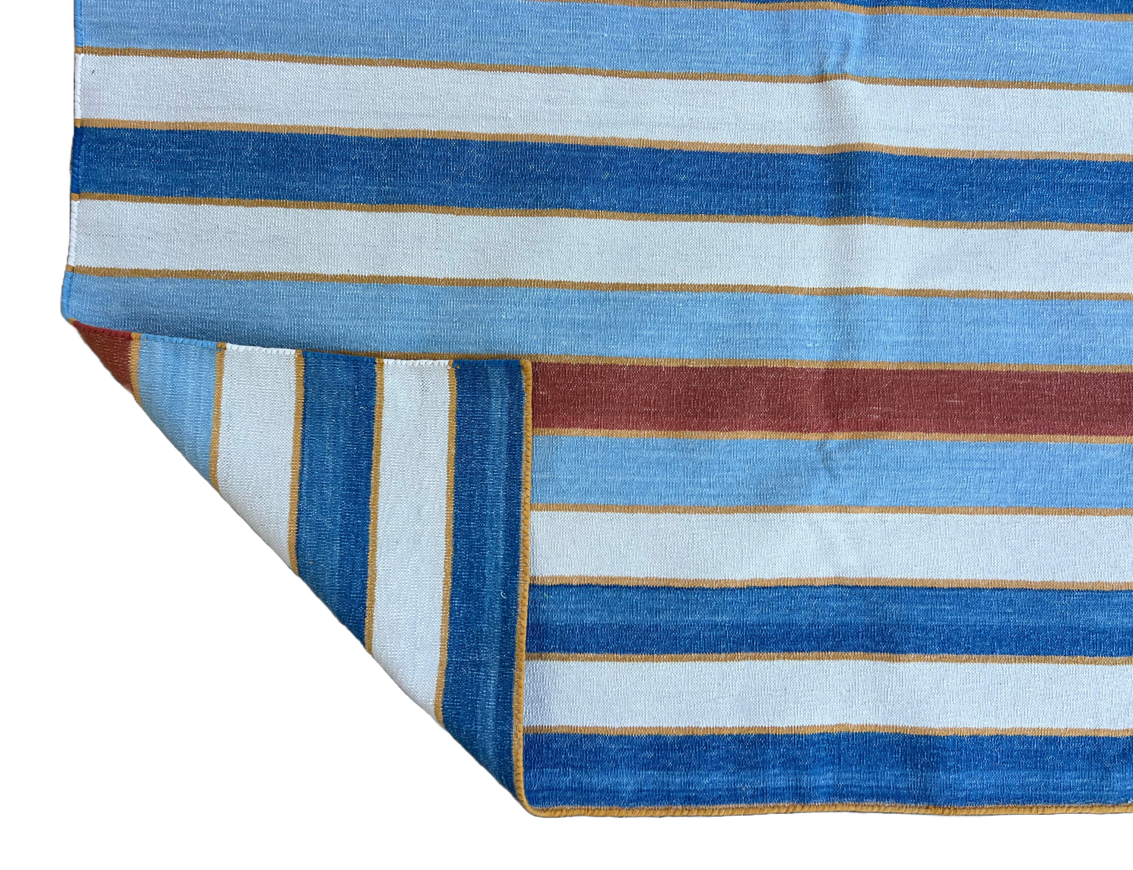 Modern Handmade Cotton Sky Blue, Red And White Striped Dhurrie Runner-6793