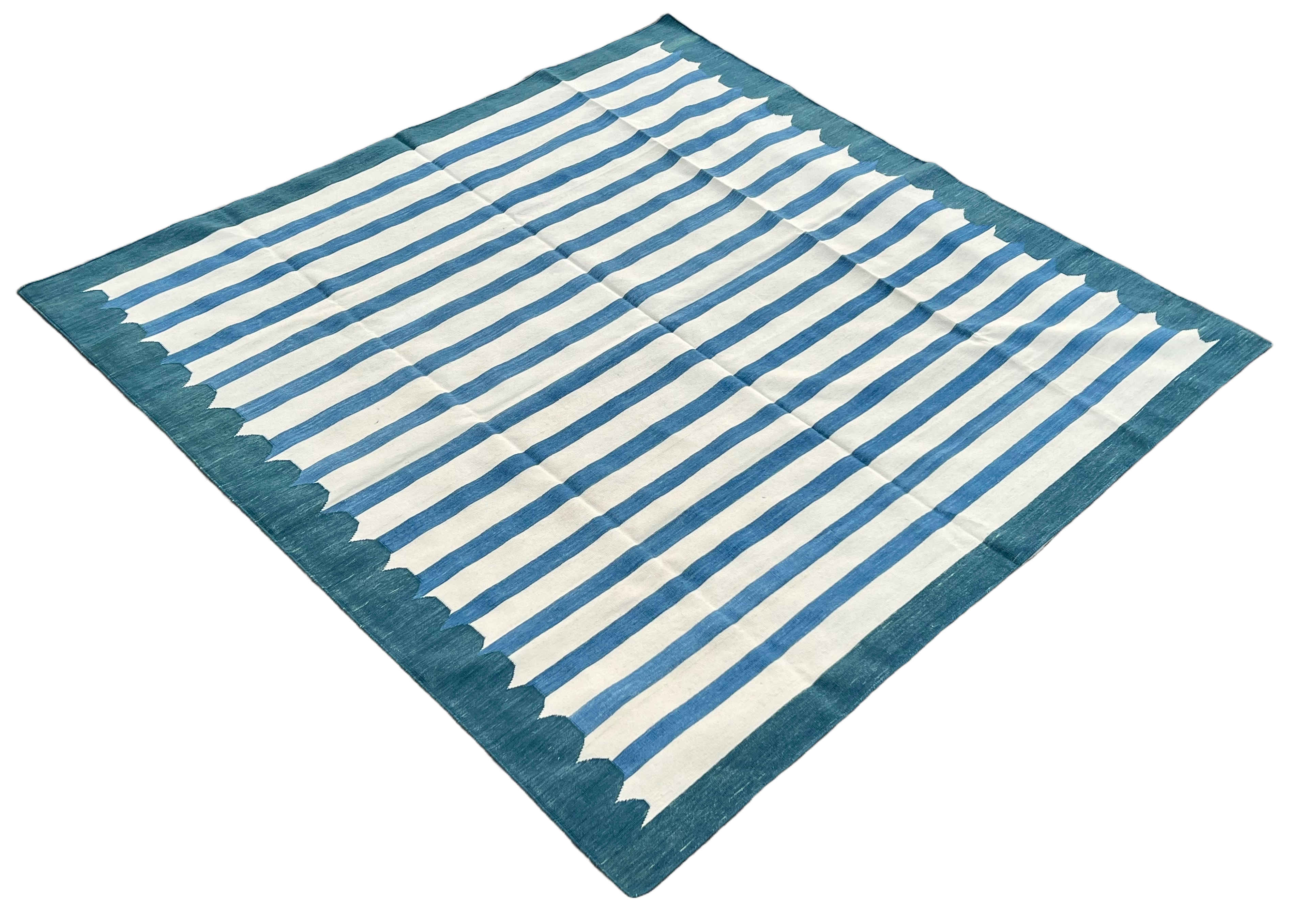 Modern Handmade Cotton Blue And White Flat Weave Striped Rug-6498