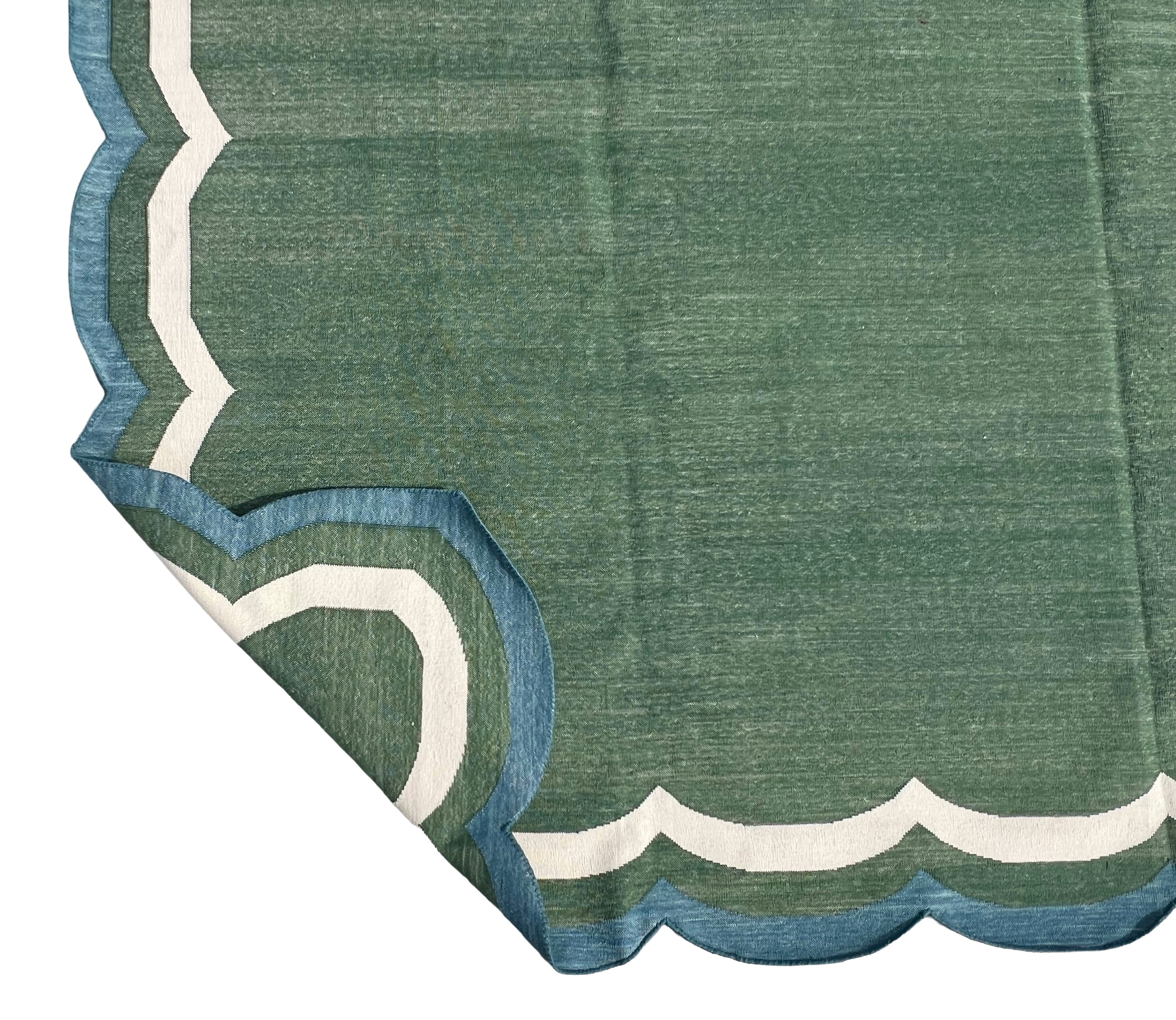 Modern Handmade Cotton Forest Green, Cream And Teal Blue 4 Sided Scalloped Rug-9670