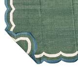 Modern Handmade Cotton Forest Green, Cream And Teal Blue 4 Sided Scalloped Rug-9670