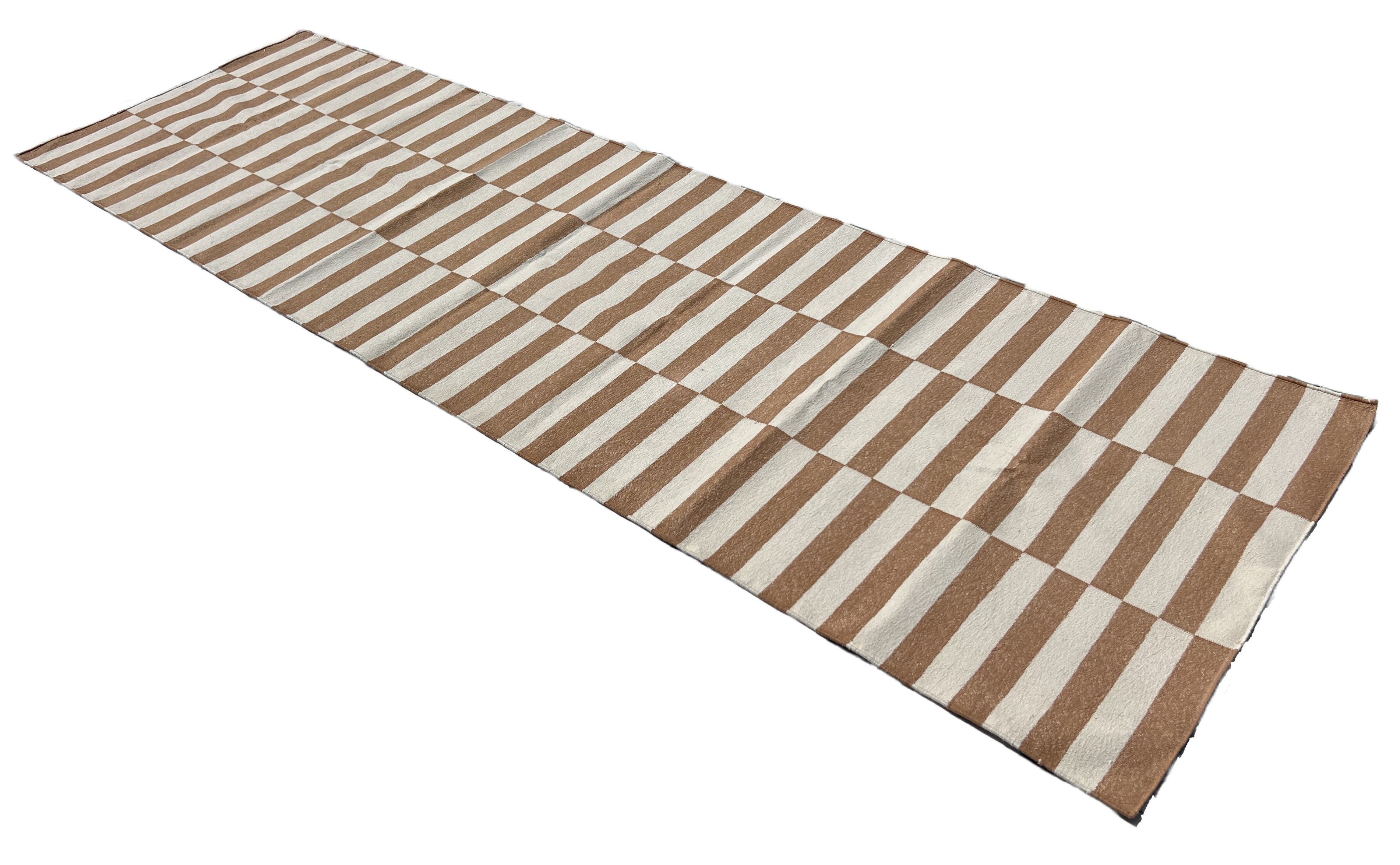 Modern Handmade Cotton Tan And White Up Down Striped Dhurrie Runner-6850