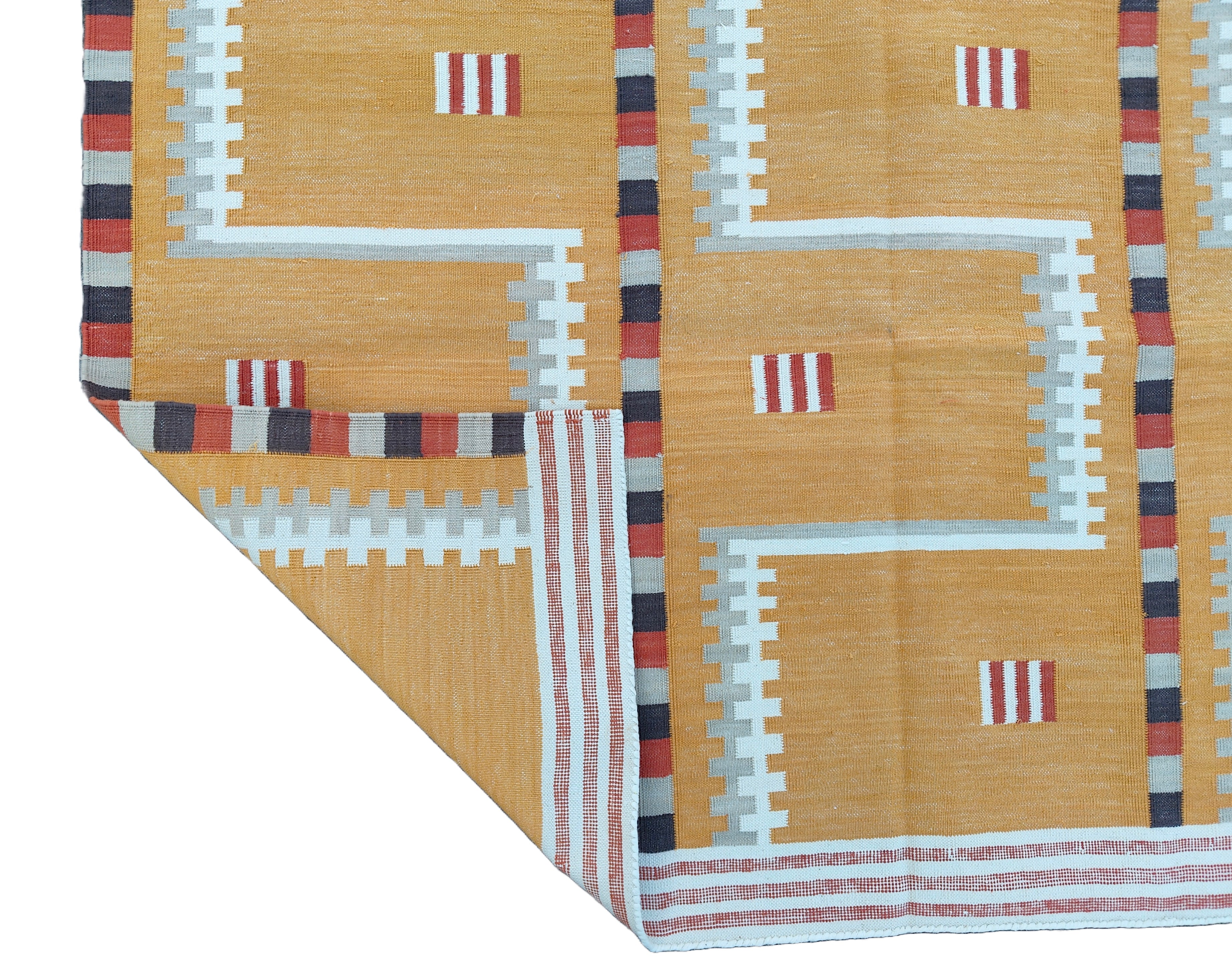 Modern Handmade Cotton Rug, 4x6 Mustard And Cream Geometric Rug-6776