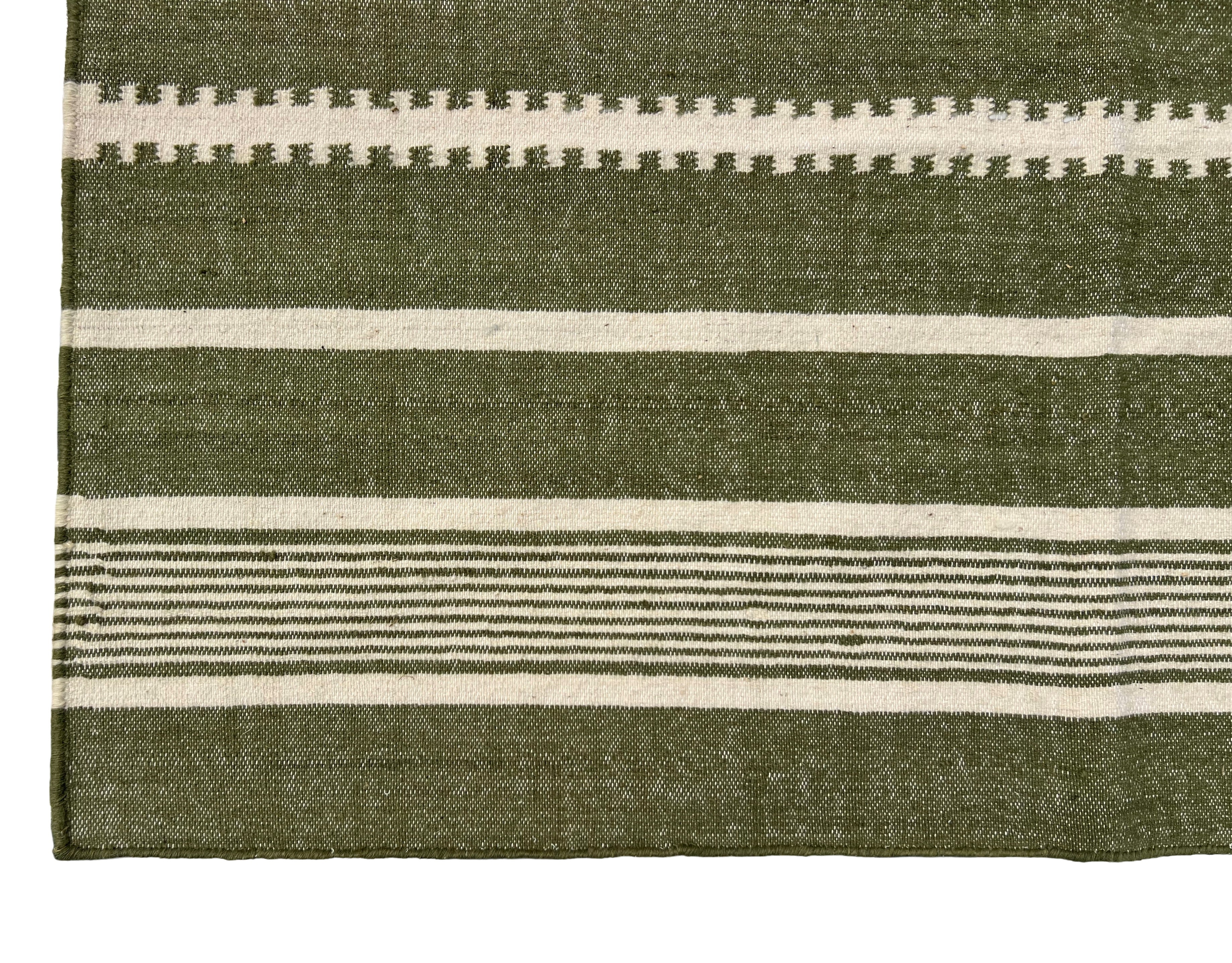 Modern Handmade Woolen Olive Green And White Striped Rug-6837