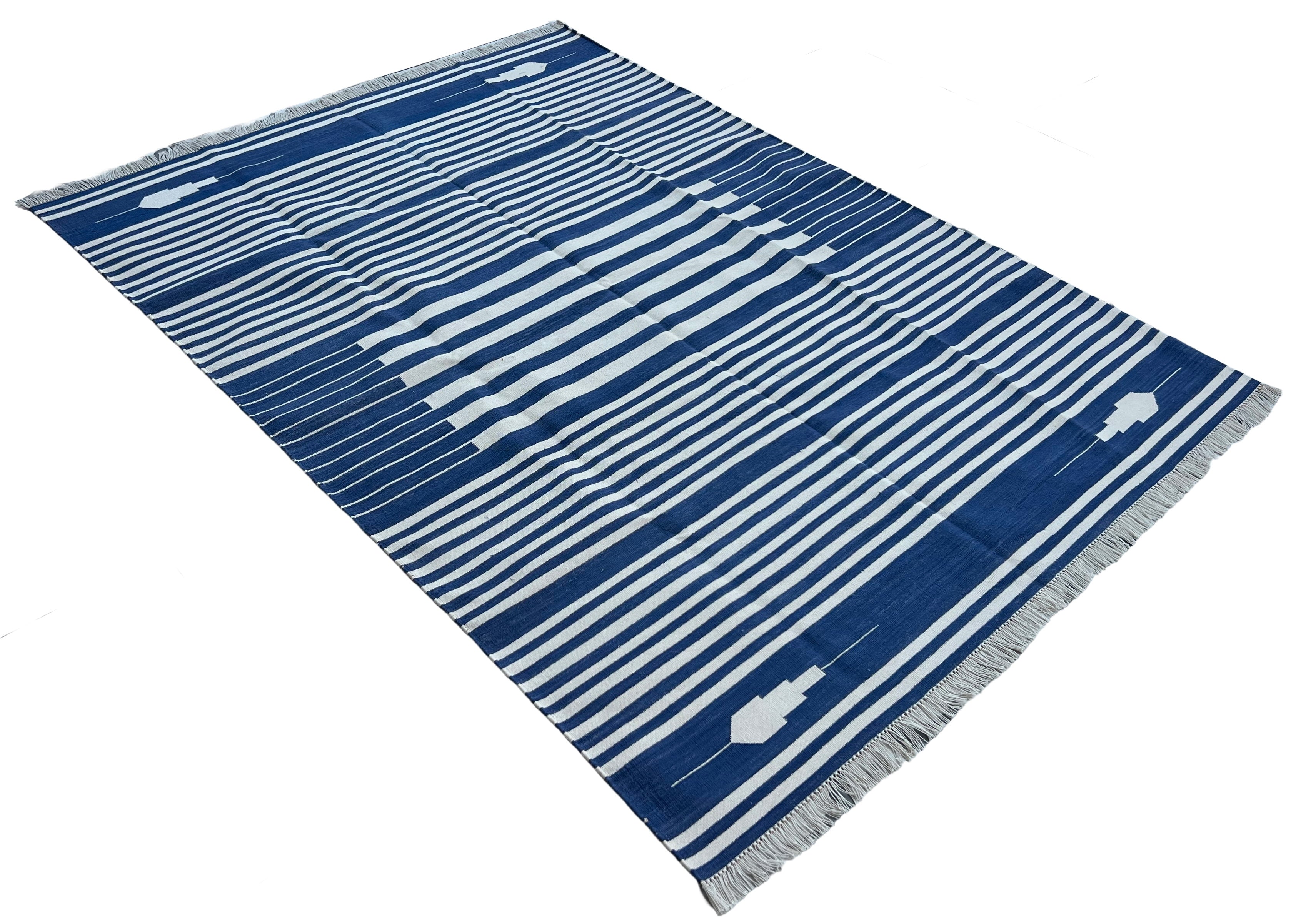 Modern Handmade Cotton Indigo Blue And White Striped Area Rug-6826