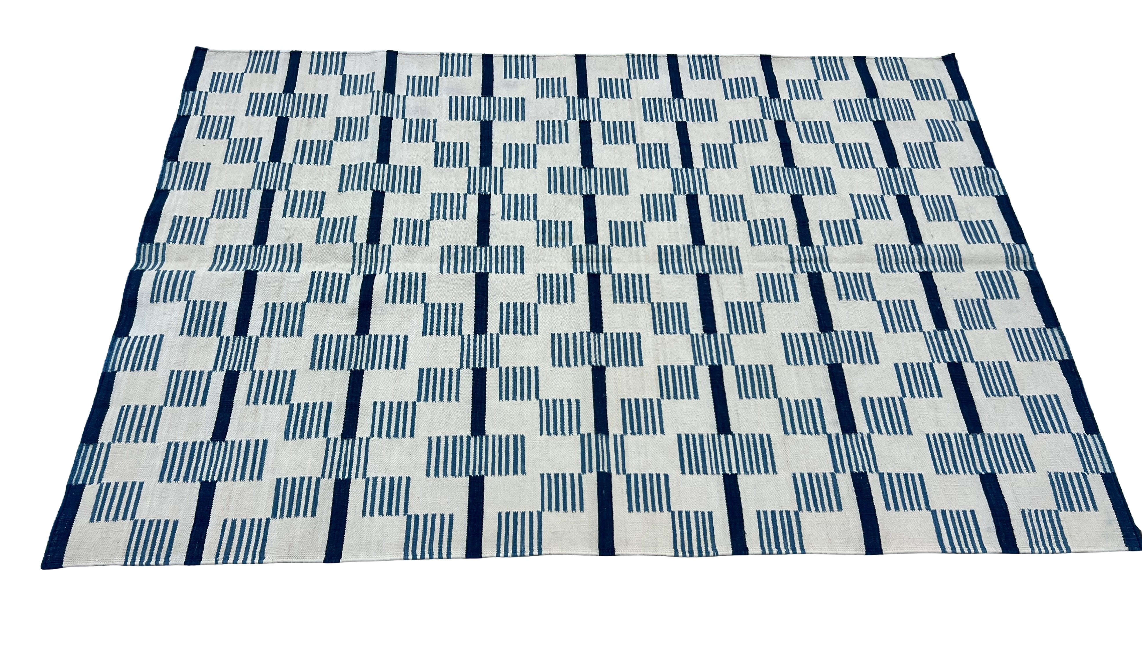 Modern Handmade Cotton Rug, 4x6 White And Blue Star And Dash Striped Rug-6846
