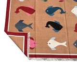 Modern Handmade Cotton Tan And Red Fish Patterned Area Rug-6840