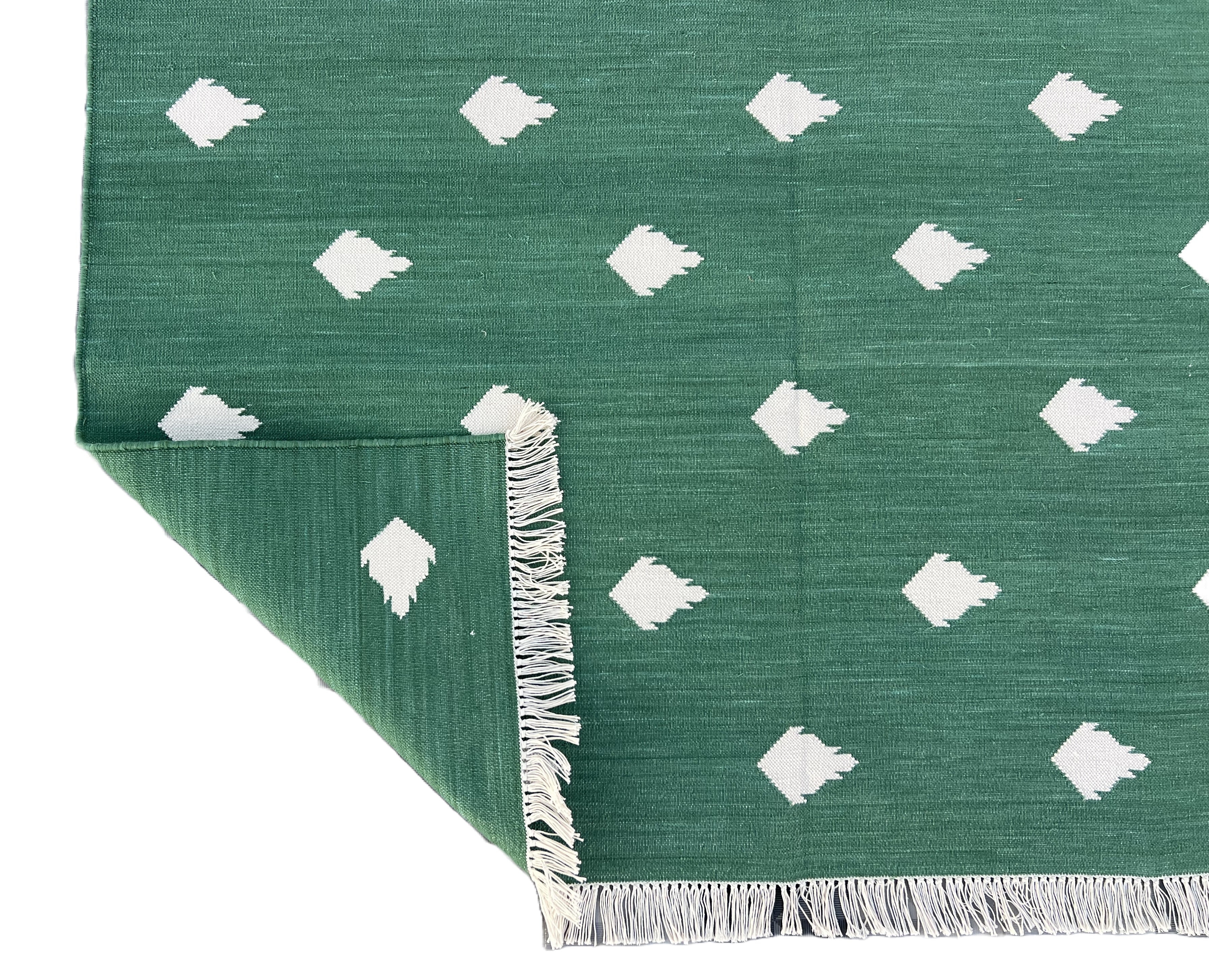Modern Handmade Cotton Forest Green And White Leaf Patterned Area Rug-6851