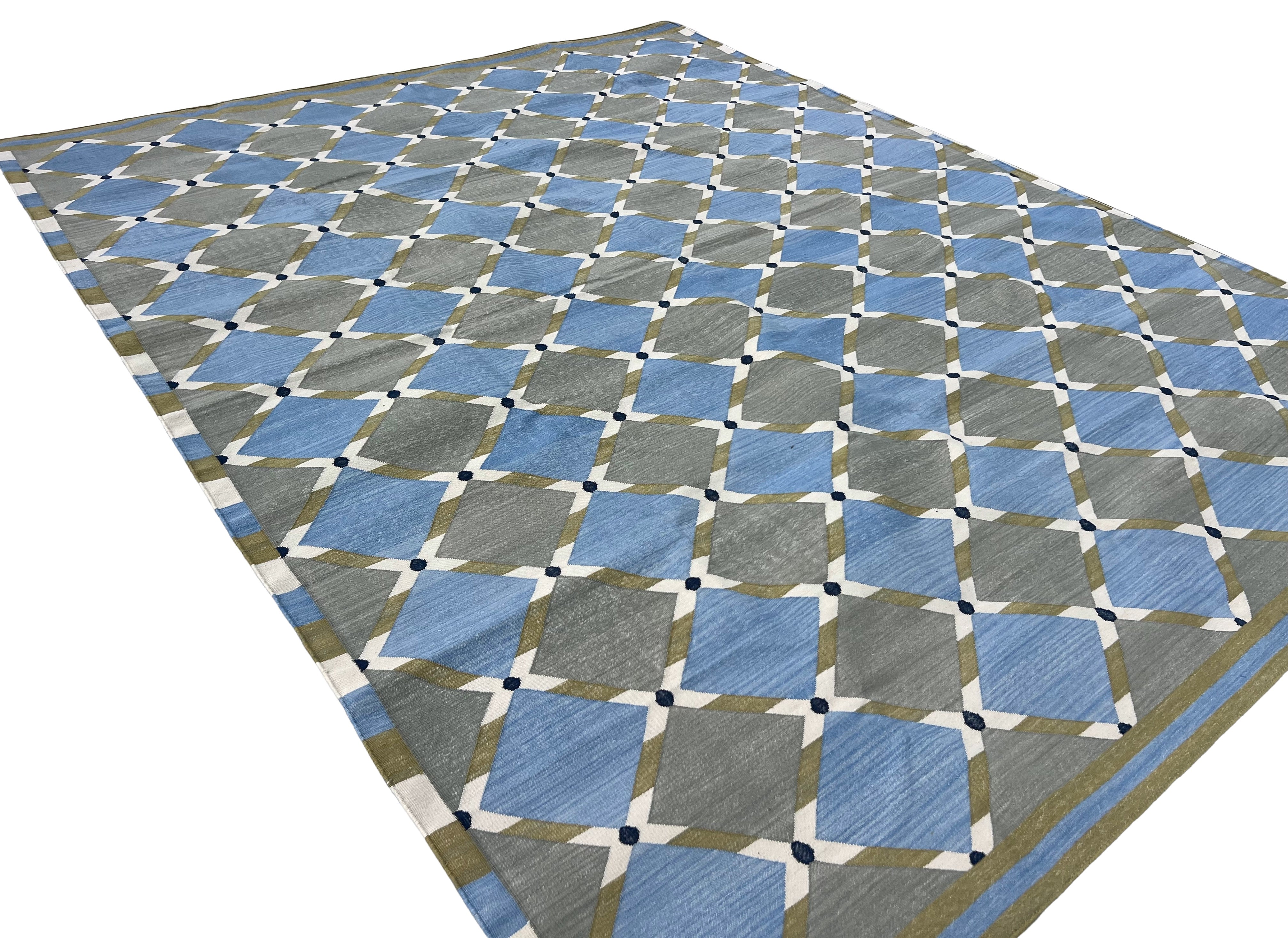 Modern Handmade Cotton Grey, Blue, Cream And Green Geometric Area Rug-6834