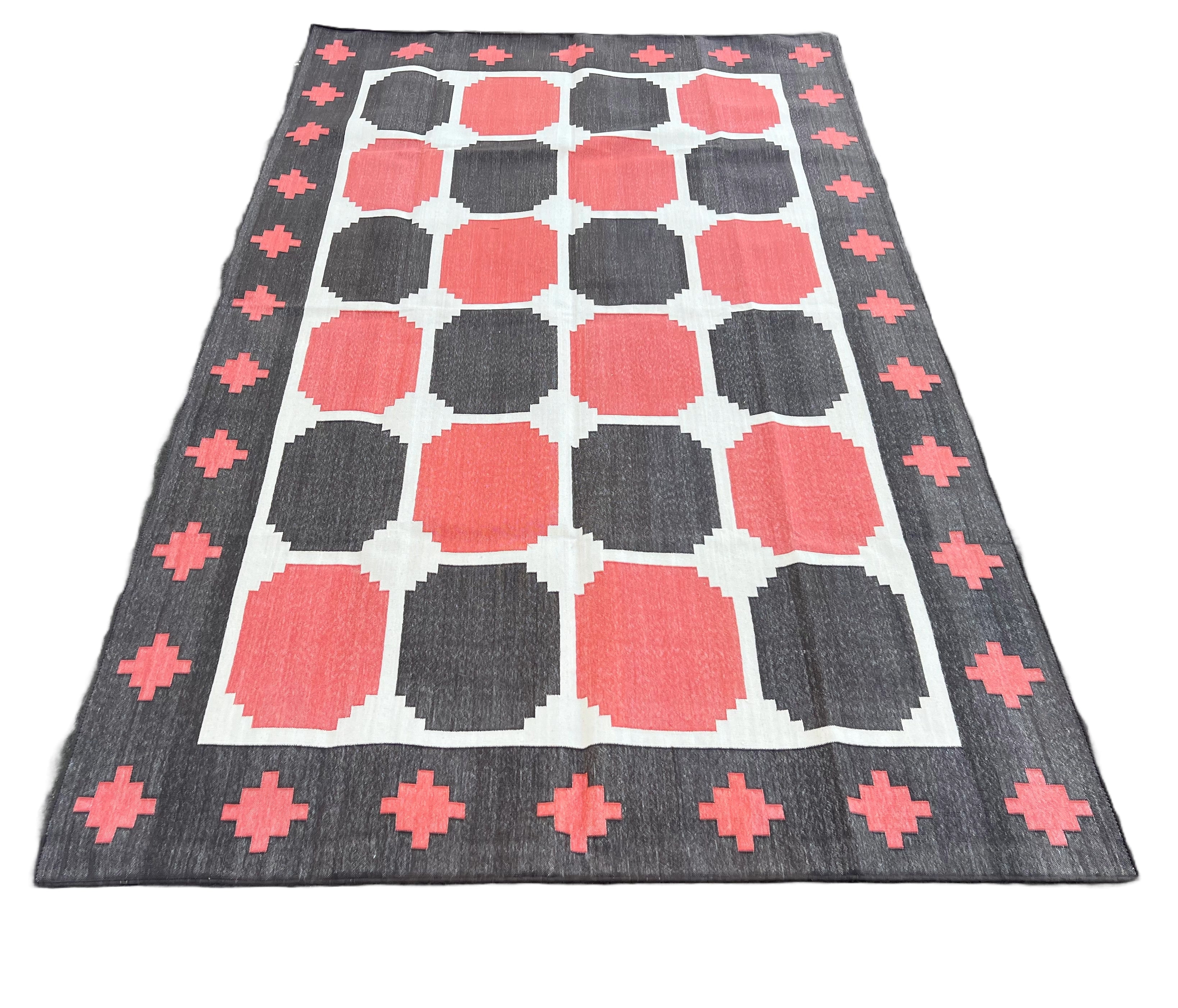 Modern Handmade Cotton Coral And Brown Geometric Tile Star Rug-6535