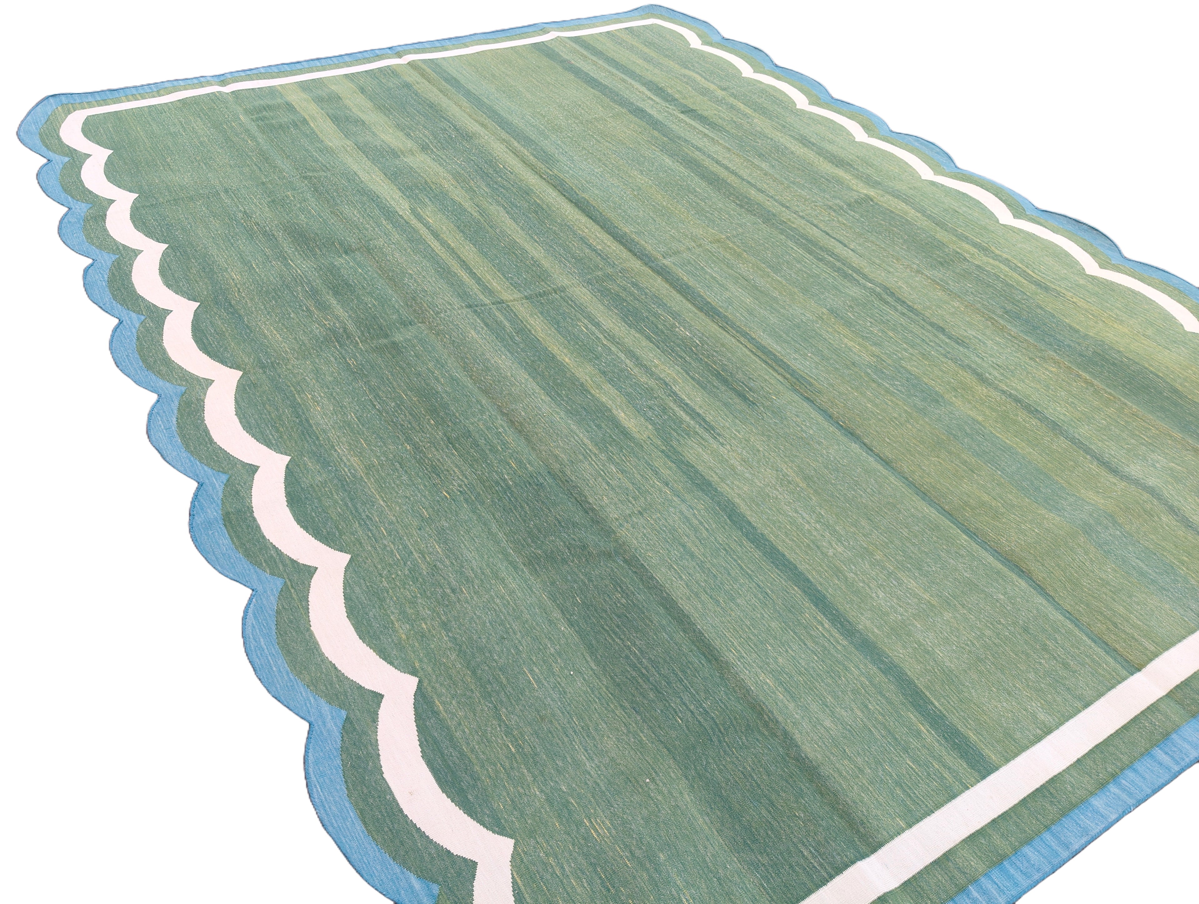 Modern Handmade Cotton Green, Cream and Teal Blue Scalloped Rug-9662
