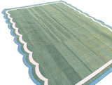 Modern Handmade Cotton Green, Cream and Teal Blue Scalloped Rug-9662