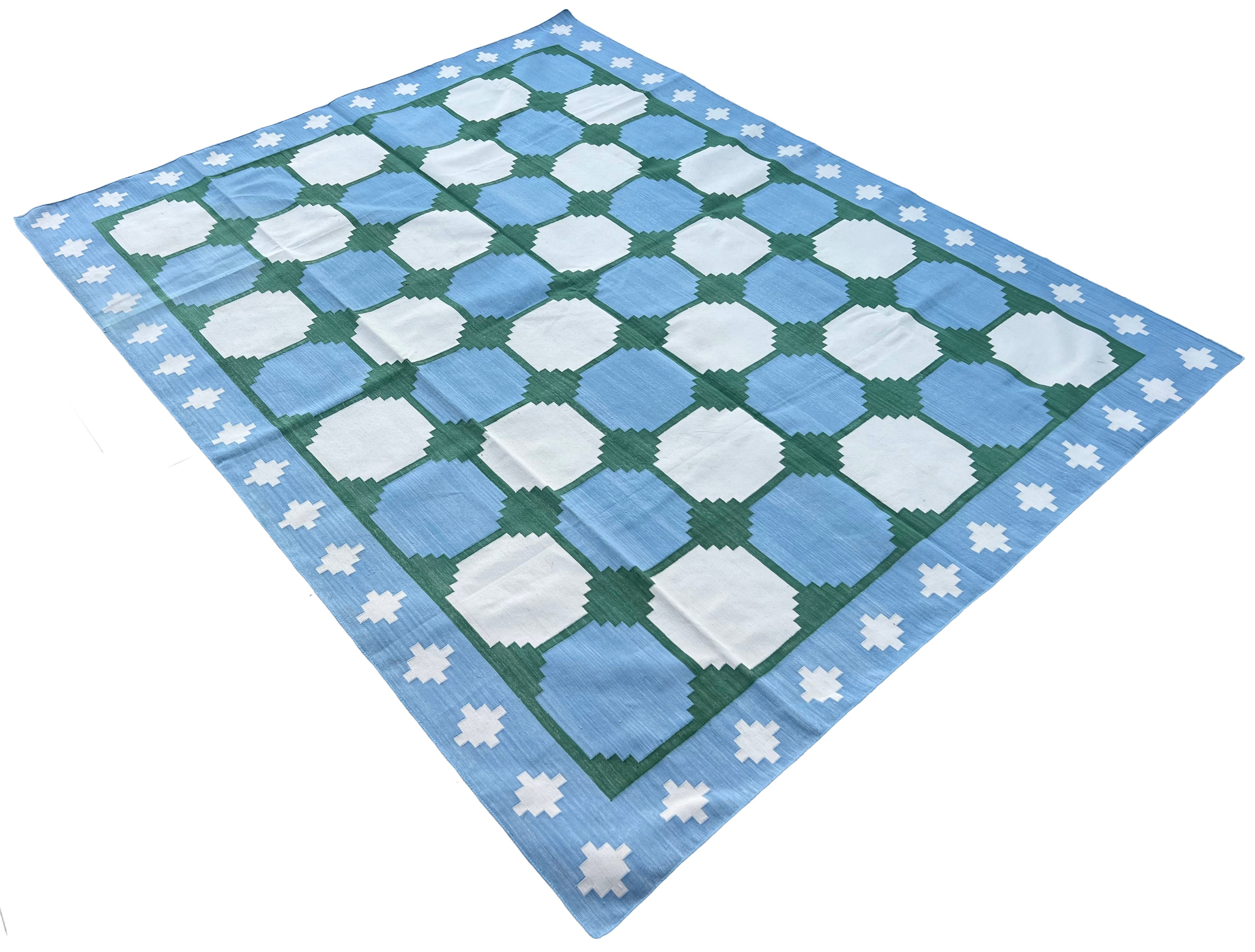 Modern Handmade Cotton Sky Blue And Green Geometric Swedish Star Rug-6813