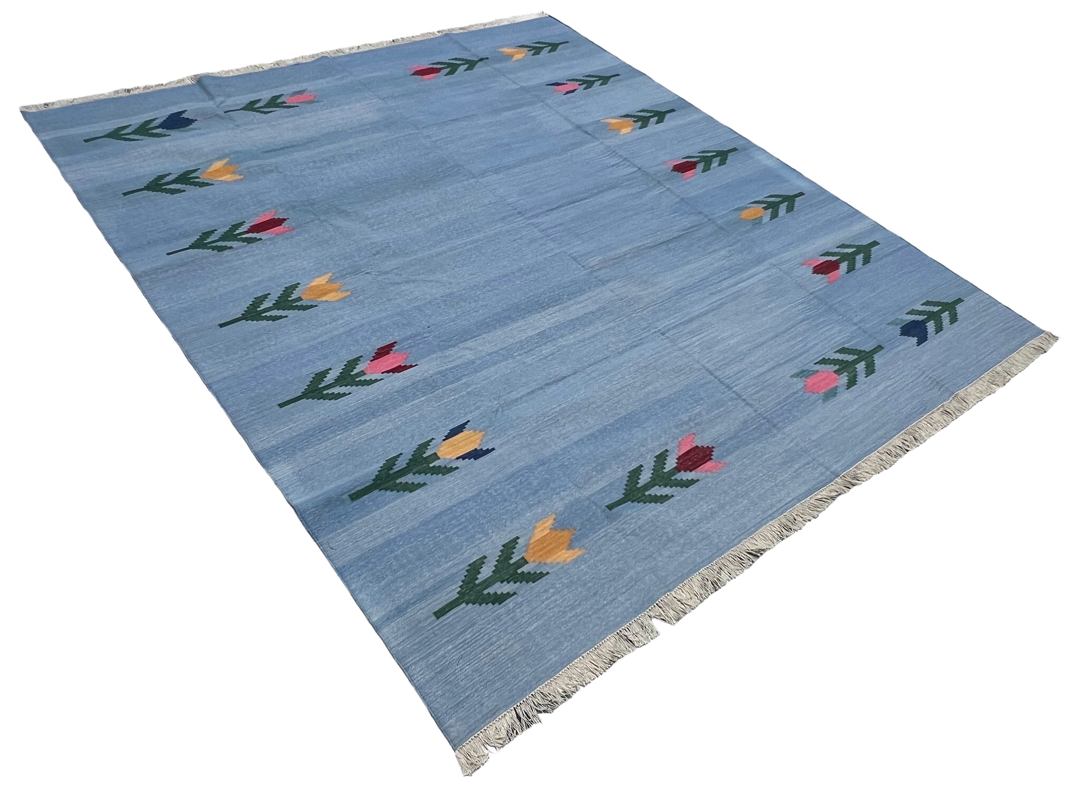 Modern Handmade Cotton Sky Blue Leaf Patterned Area Rug-6839