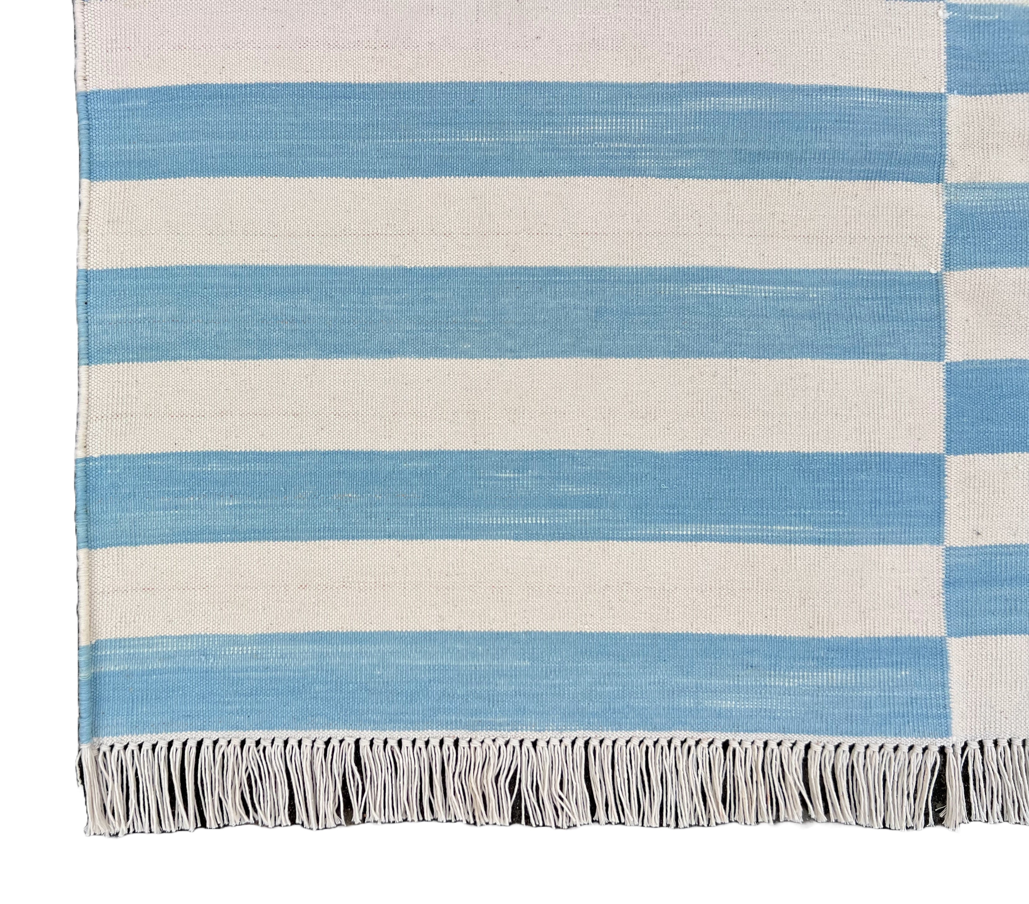 Modern Handmade Cotton Sky Blue And White Up Down Striped Runner-6761