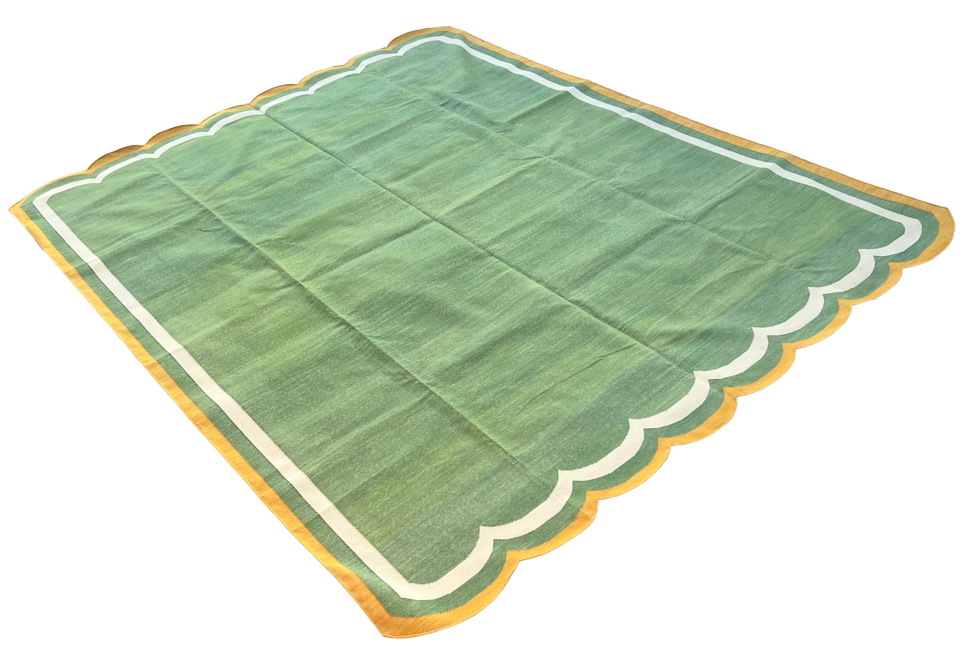 Modern Handmade Cotton Moss Green, Cream and Mustard Scalloped Rug-9667