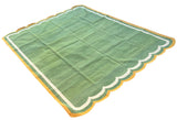 Modern Handmade Cotton Moss Green, Cream and Mustard Scalloped Rug-9667