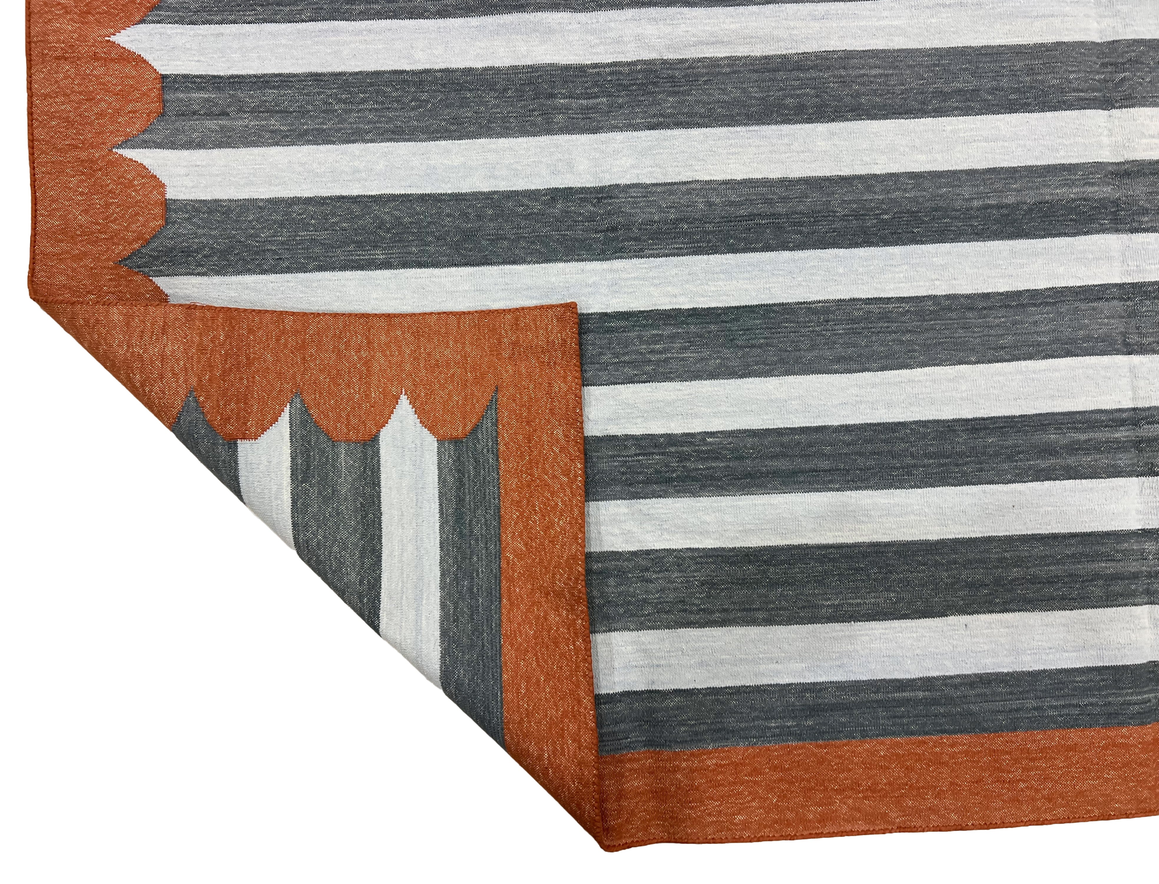Modern Handmade Cotton Sky Blue, Gray And Terracotta Scalloped Striped Area Rug-6831