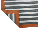 Modern Handmade Cotton Sky Blue, Gray And Terracotta Scalloped Striped Area Rug-6831