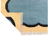 Modern Handmade Cotton Teal Blue, Black and Cream Scalloped Rug-6766