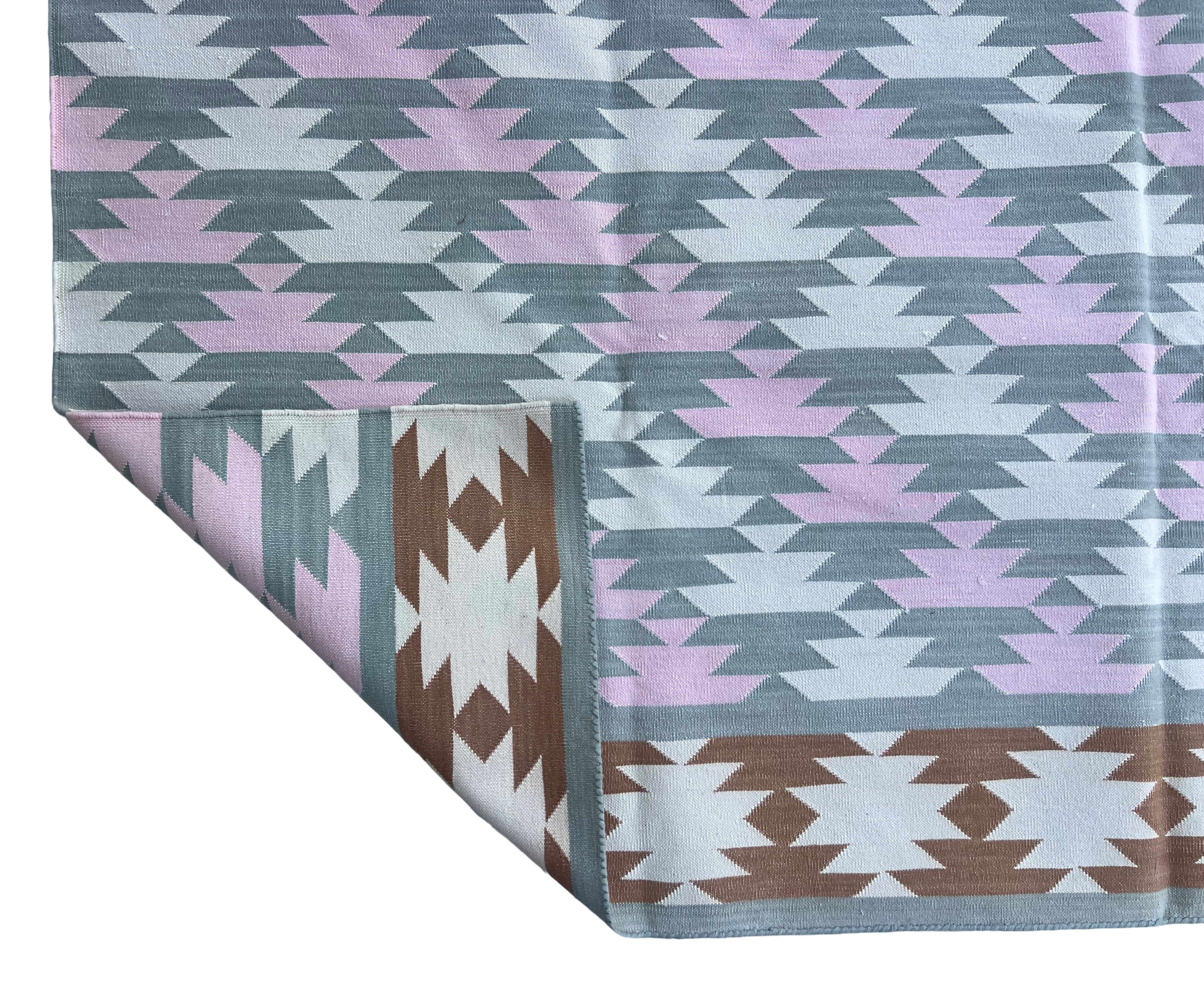 Modern Handmade Cotton Gray, Pink, Cream And Tan Geometric Area Rug-6832