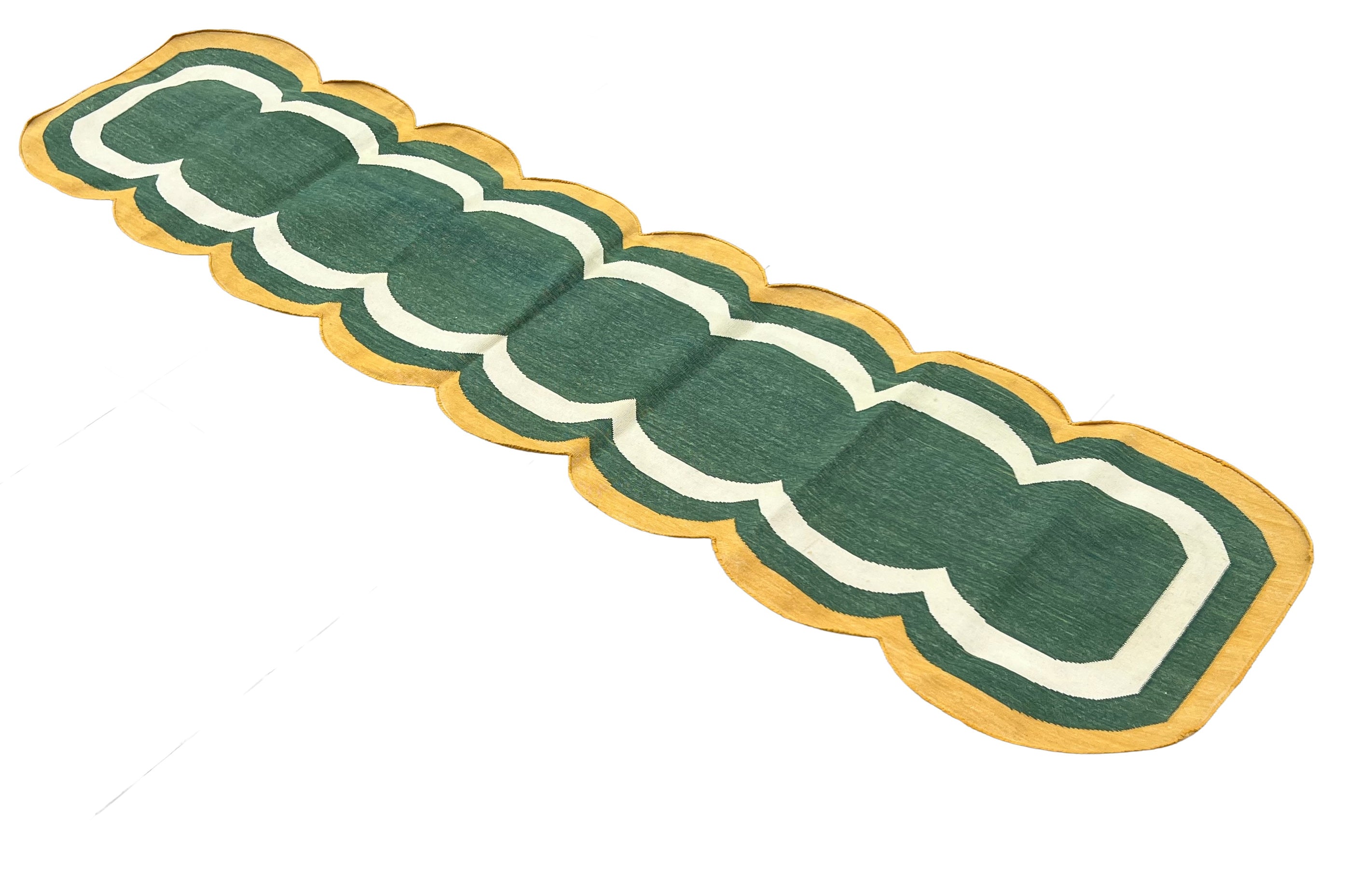 Modern Handmade Cotton Rug, 2x8 Green And Mustard Dhurrie Runner -9668