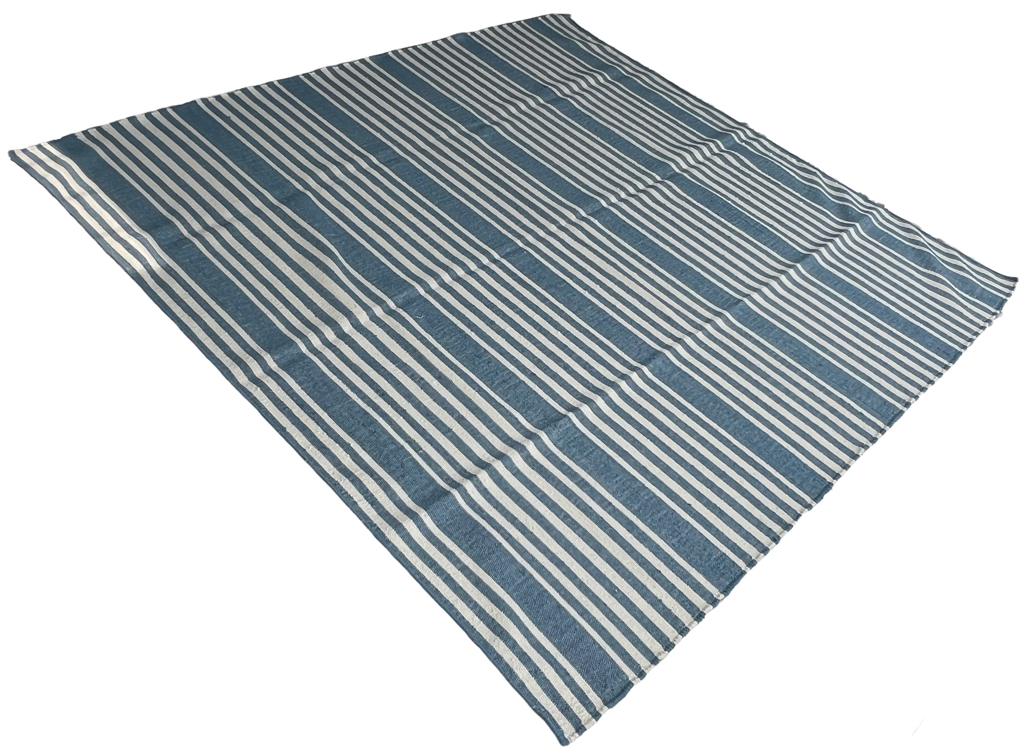 Modern Handmade Thick Woolen Sky Blue And White Striped Rug-6833