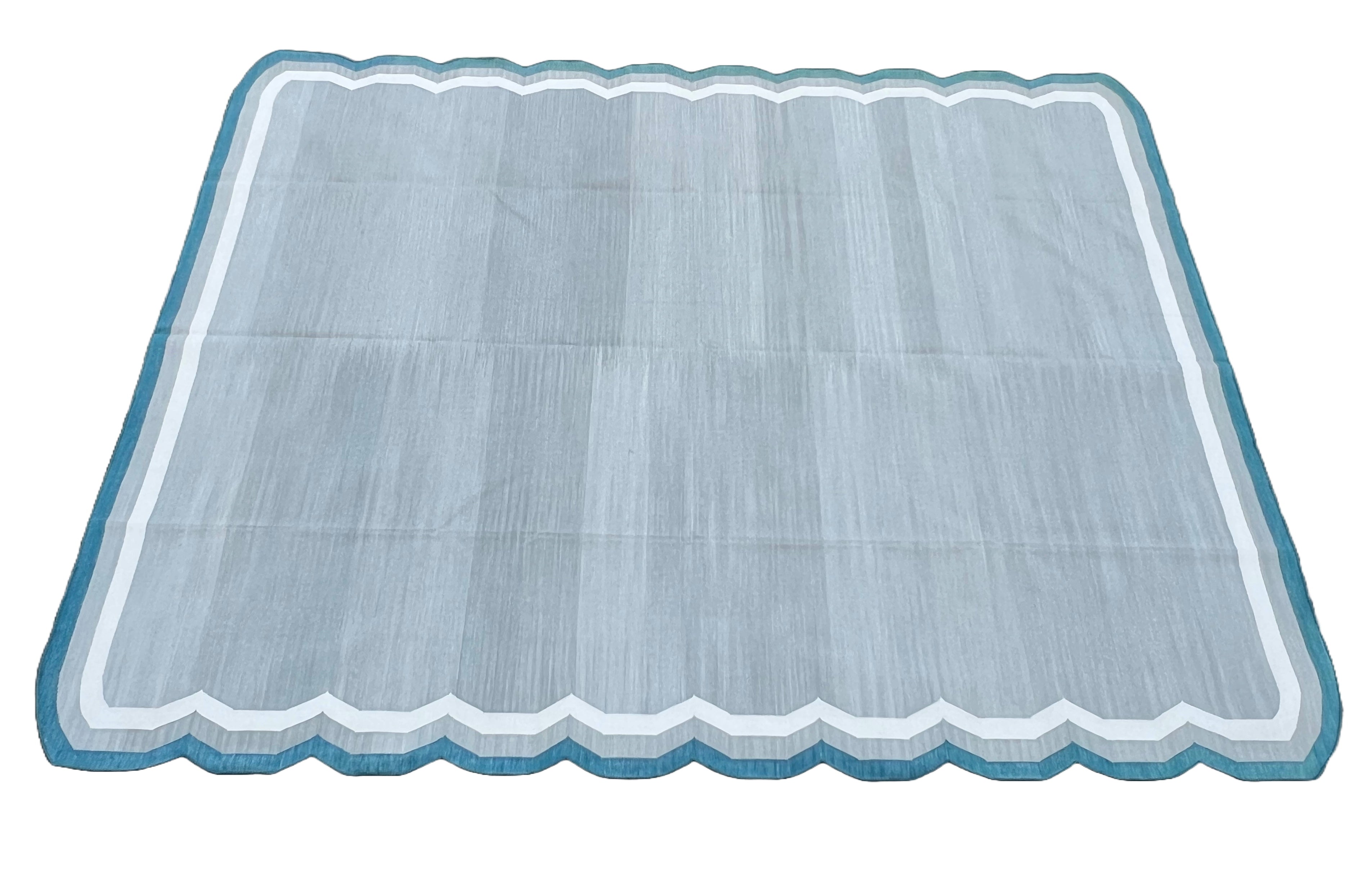 Modern Handmade Cotton Gray, Cream and Teal Blue Scalloped Rug-9661