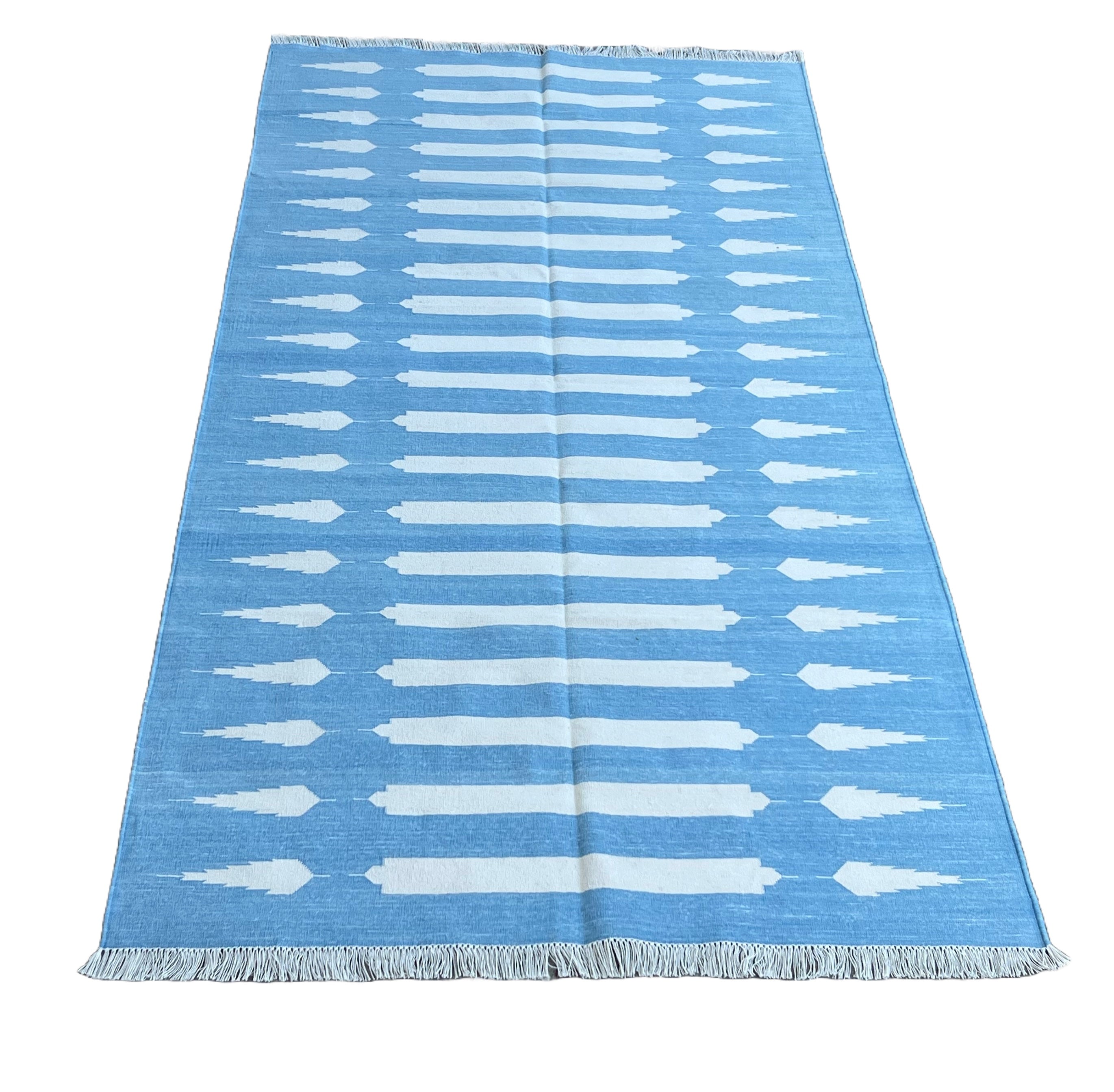 Modern Handmade Cotton Sky Blue And White Striped Dhurrie Runner-6792