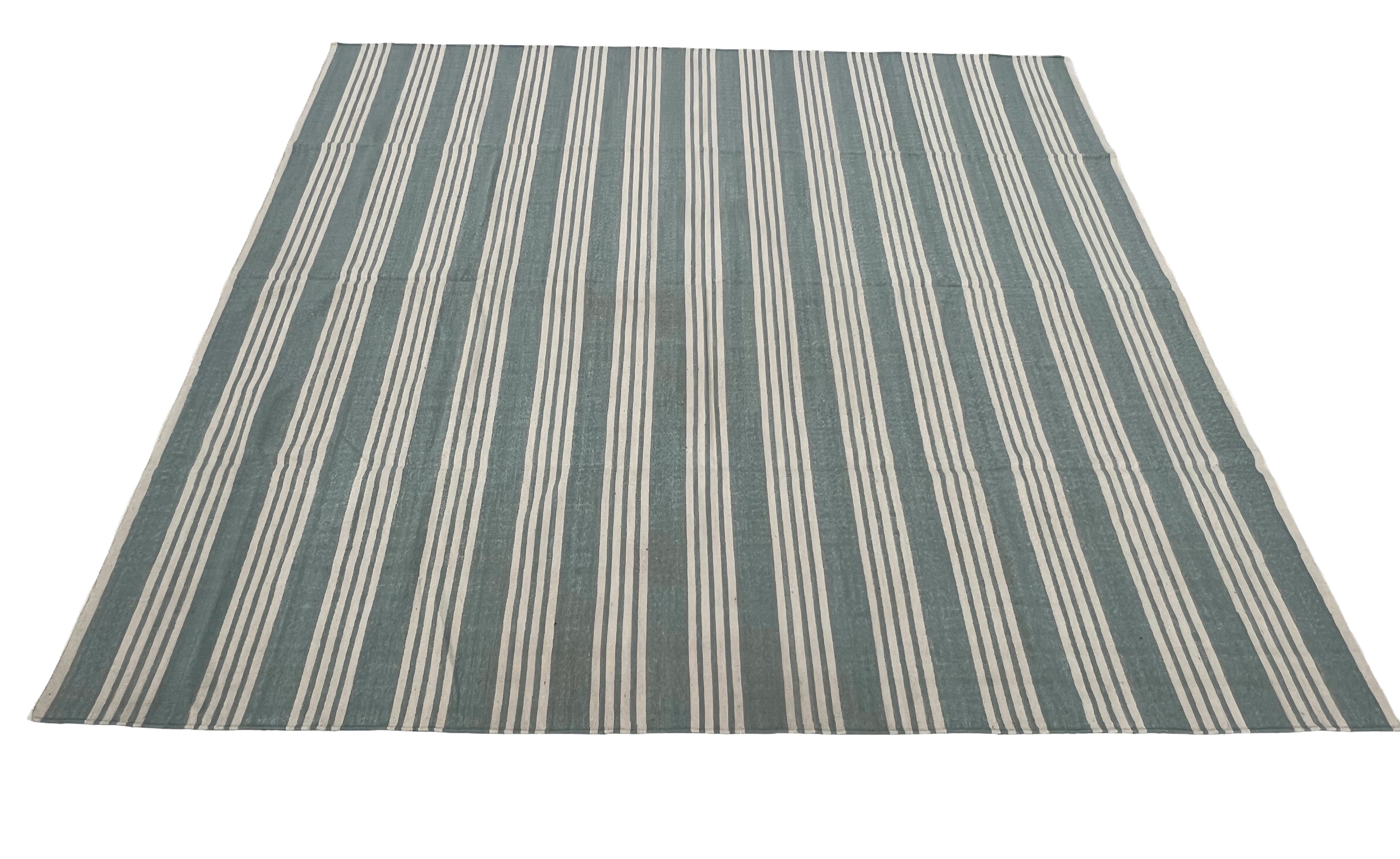 Modern Handmade Woolen Greyish Blue And White Striped Rug-6836
