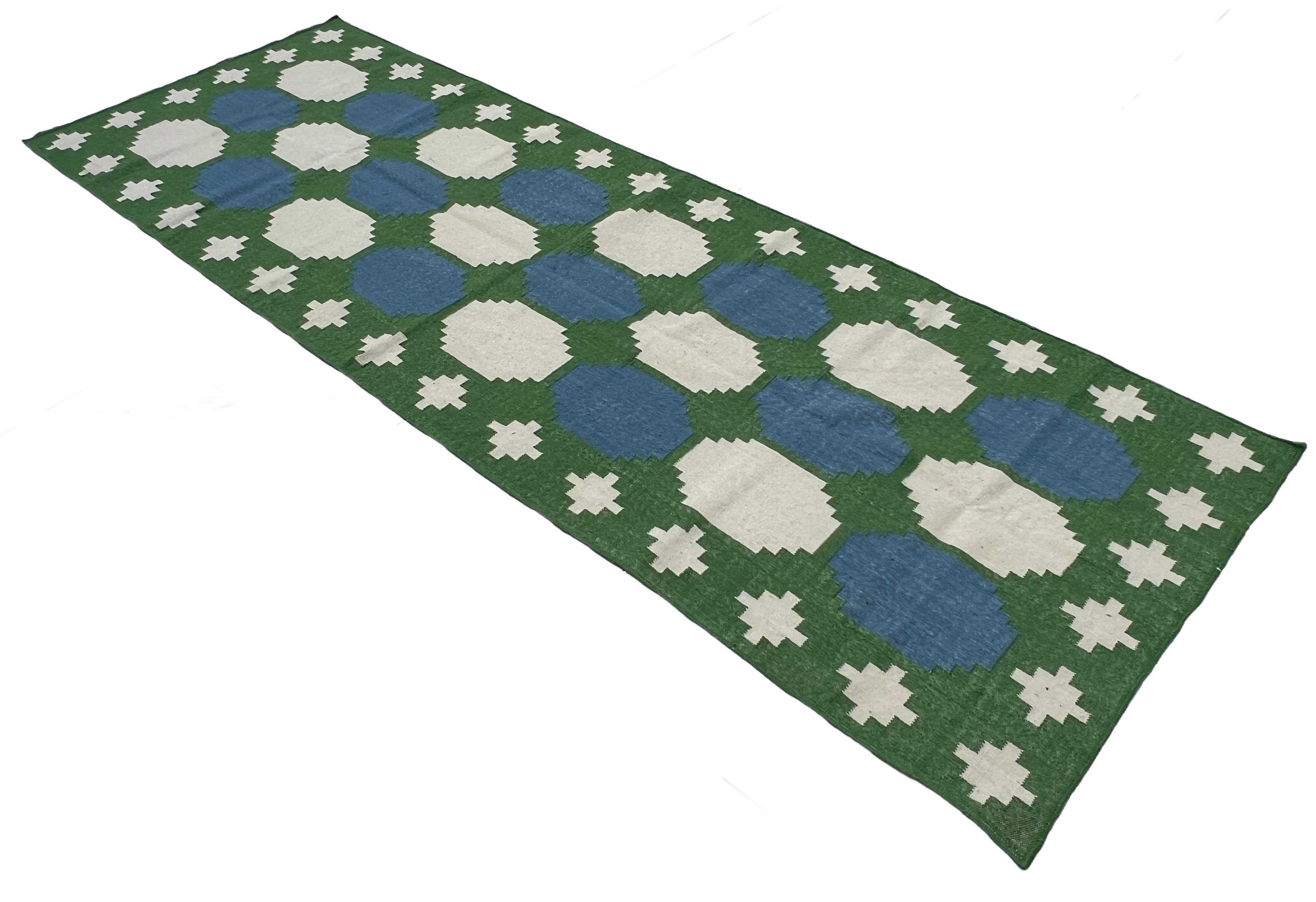 Modern Handmade New Zealand Wool Moss Green, Cream And Sky Blue Geometric Runner-6838