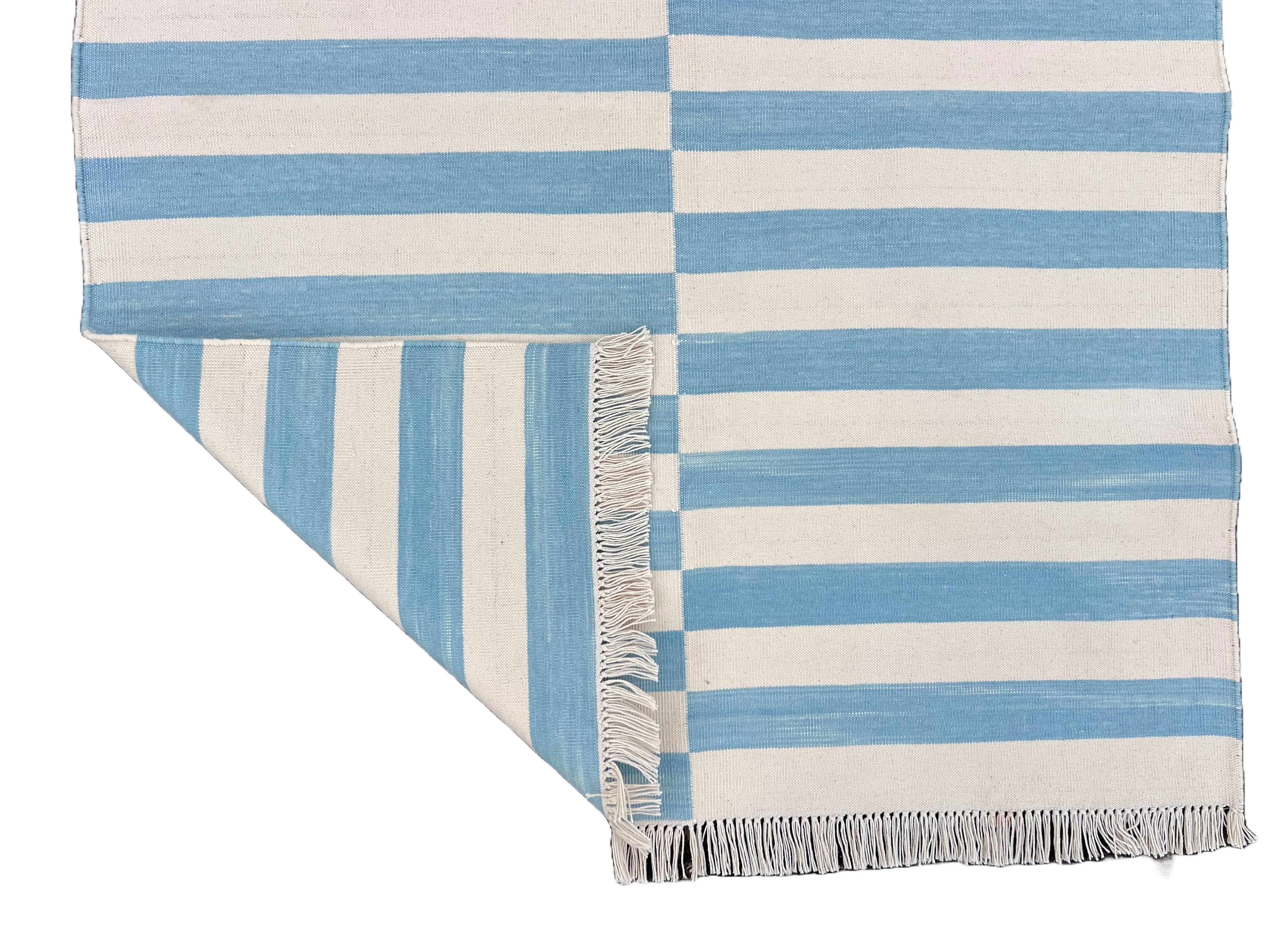 Modern Handmade Cotton Sky Blue And White Up Down Striped Runner-6761
