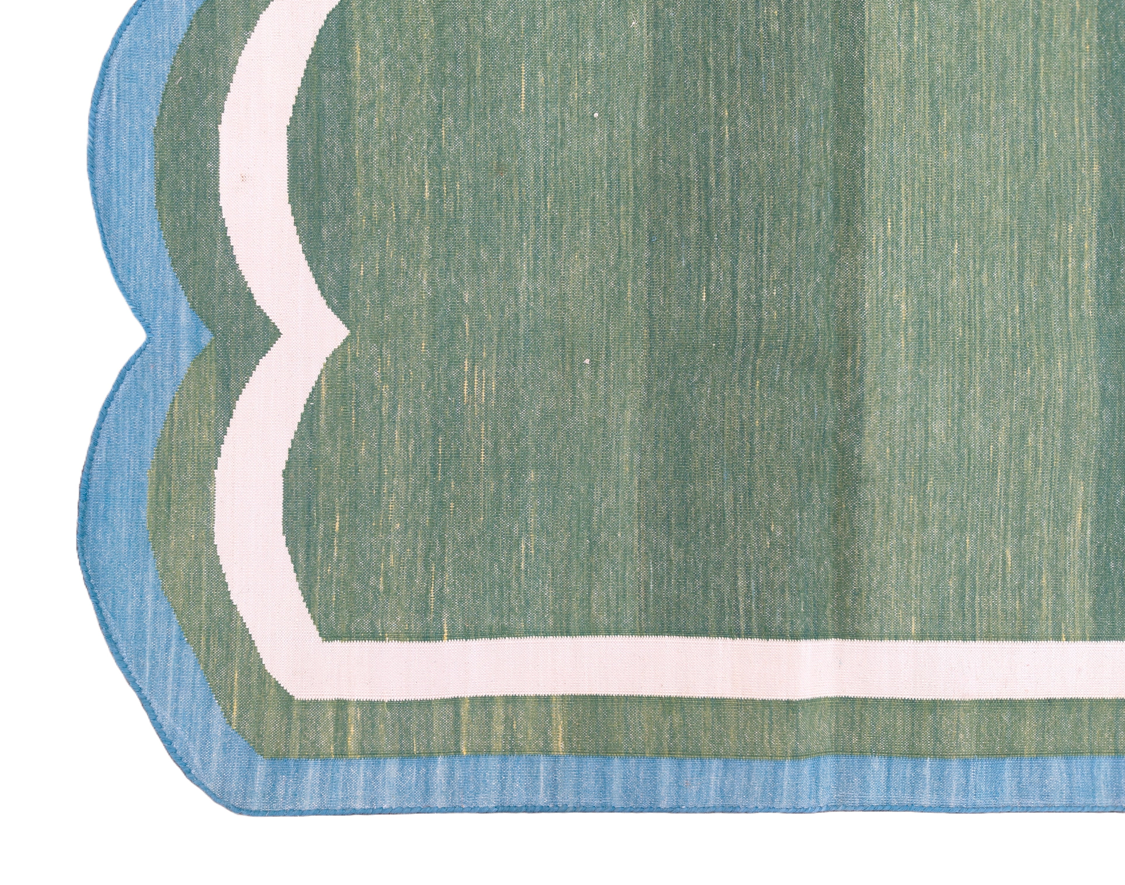 Modern Handmade Cotton Green, Cream and Teal Blue Scalloped Rug-9662
