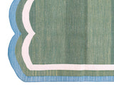 Modern Handmade Cotton Green, Cream and Teal Blue Scalloped Rug-9662