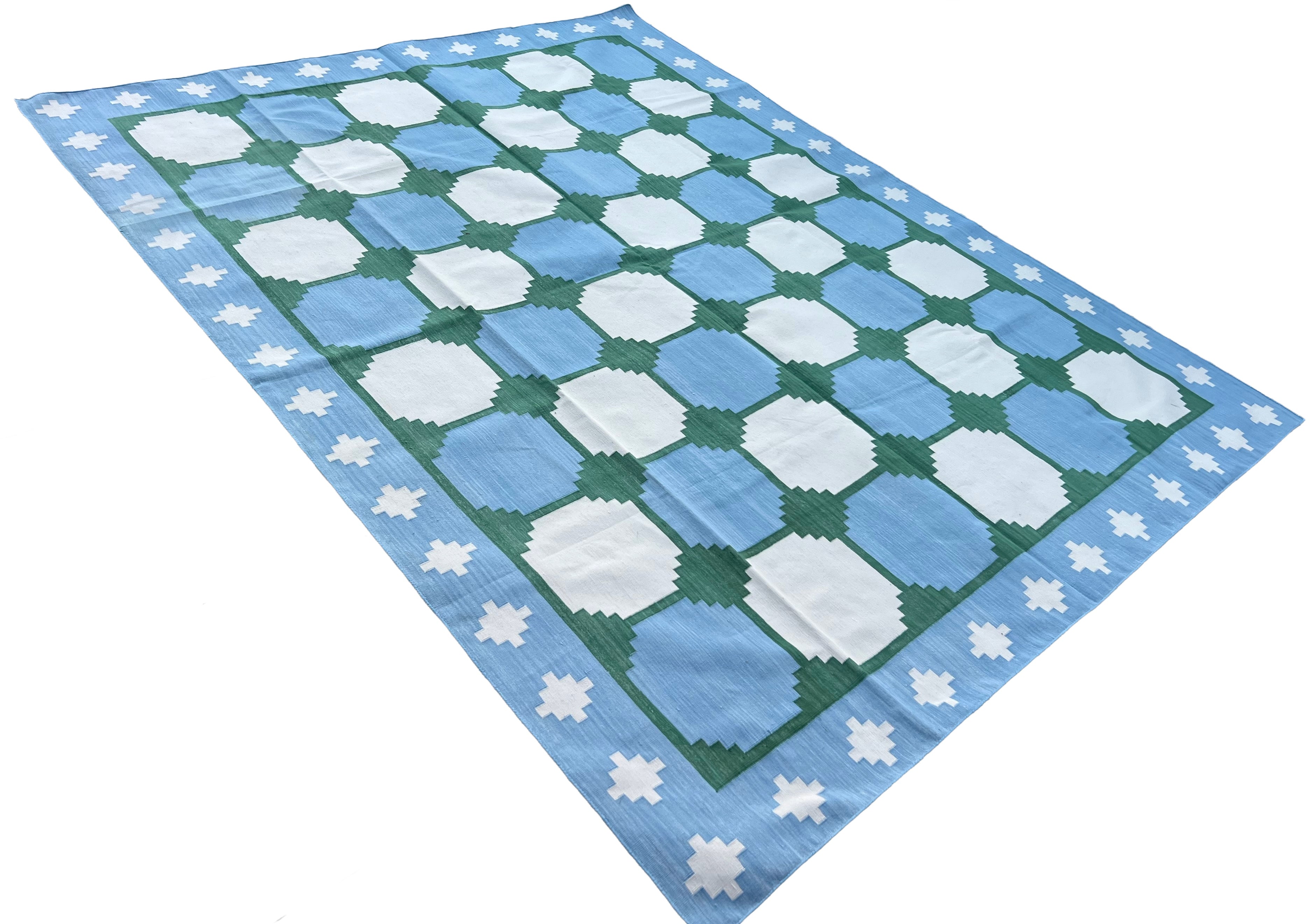 Modern Handmade Cotton Sky Blue And Green Geometric Swedish Star Rug-6813