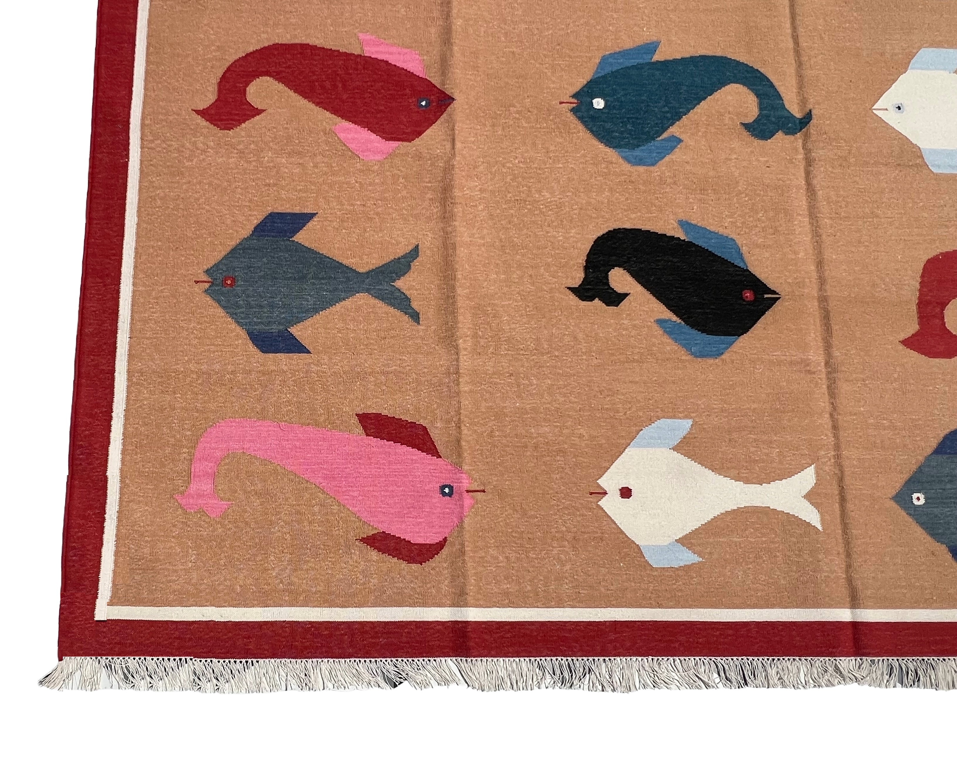 Modern Handmade Cotton Tan And Red Fish Patterned Area Rug-6840
