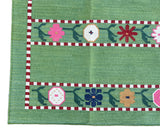 Modern Handmade Cotton Area Rug, Green And Red Flower Indian Dhurrie-6547